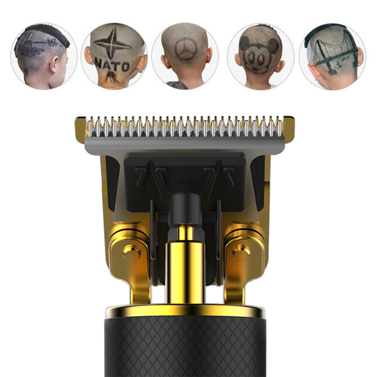 Goldener Trimmer mit Designoptionen für Haarschnitte auf dem Hinterkopf.