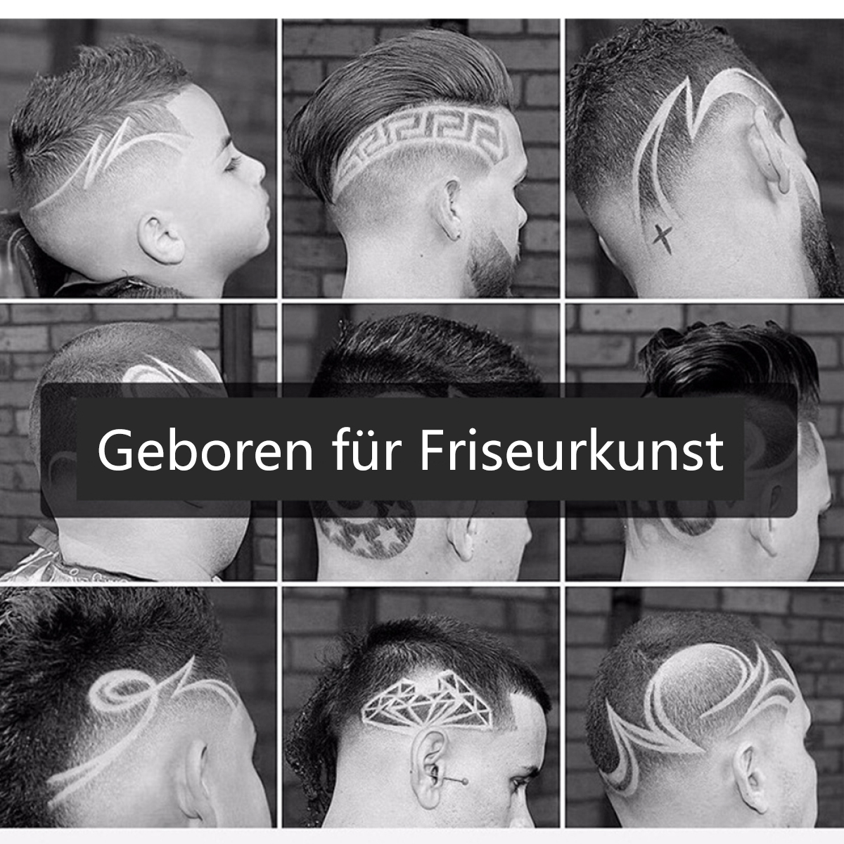 Eine Collage von Personen mit verschiedenen Frisuren. Text: Geboren für Friseurskunst.