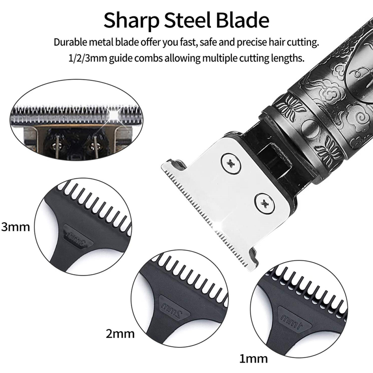 Nahaufnahme eines Haarschneiders mit Führungskämmen, die Klingen und Schnittlängen (1-3mm) zeigen.