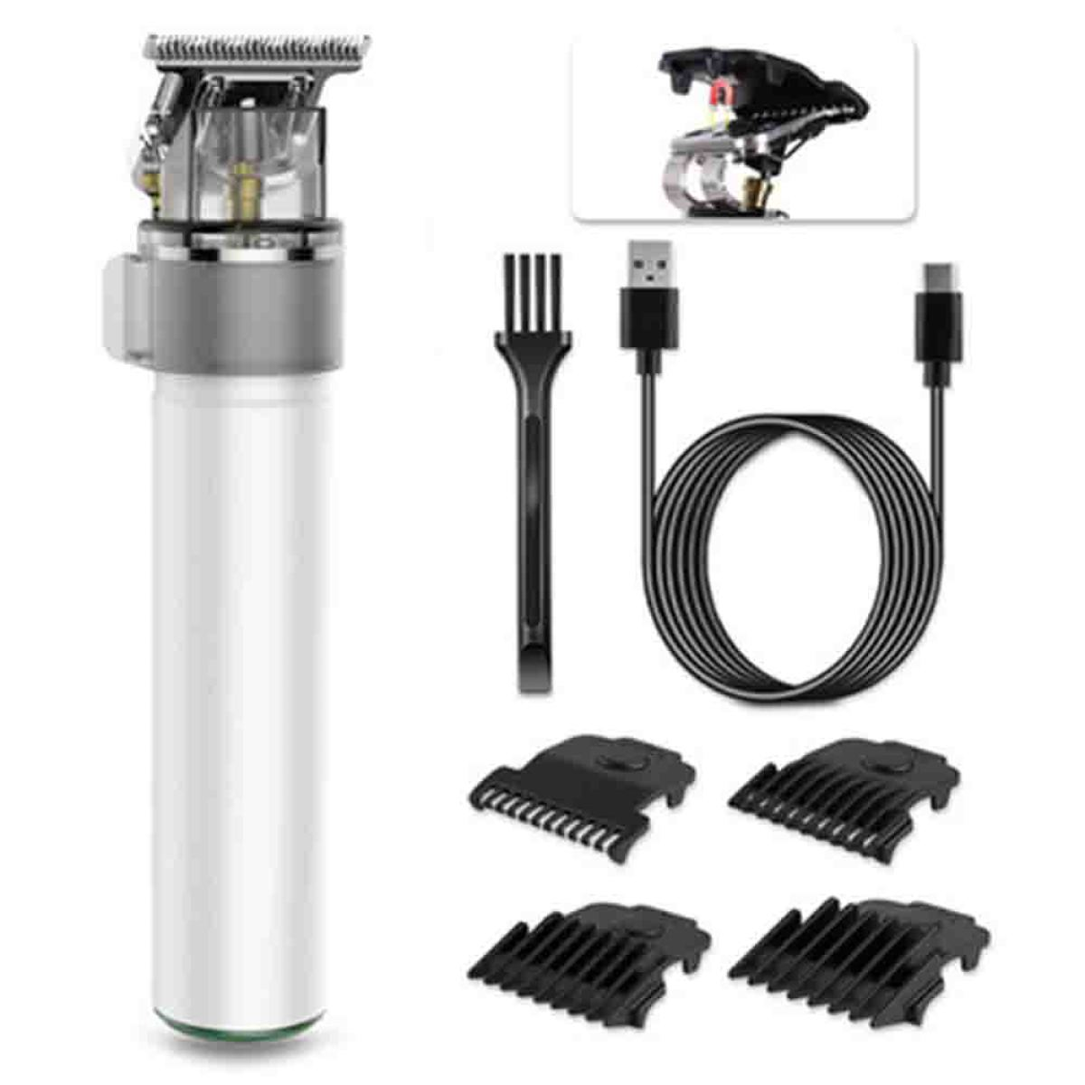Ein Haarschneider, Zubehör und Ladekabel auf einer weißen Oberfläche. Der Trimmer ist silber.