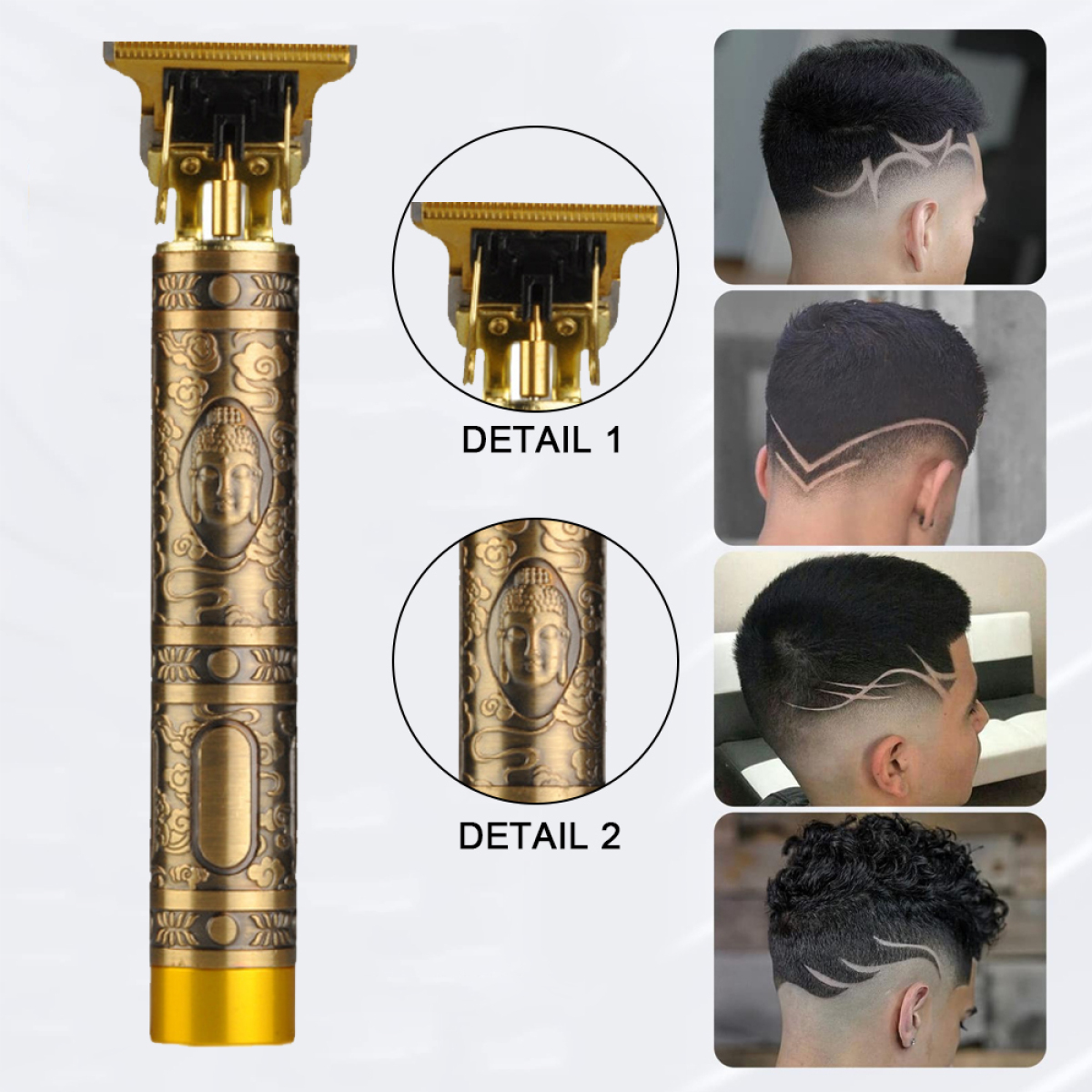 Goldener Haarschneider mit Details und Haar-Design-Beispielen.