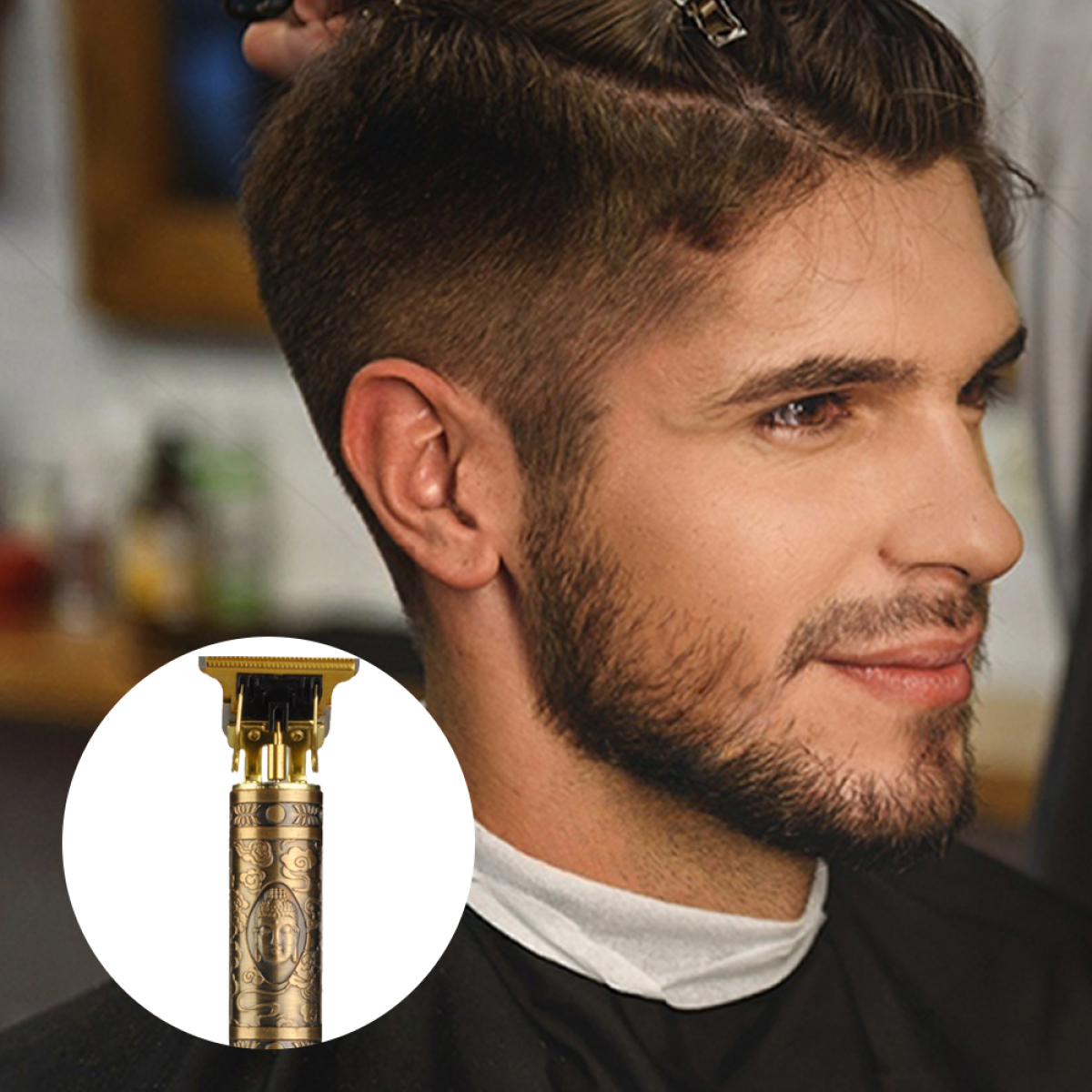 Das Gesicht eines Mannes und ein gold-brauner Haartrimmer werden gezeigt.