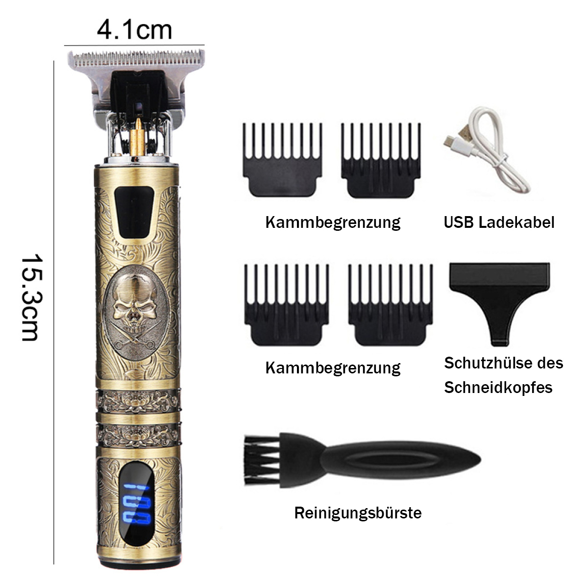 Haartrimmer mit Zubehör: Kämme, USB-Kabel, Reinigungsbürste. Abmessungen gezeigt.