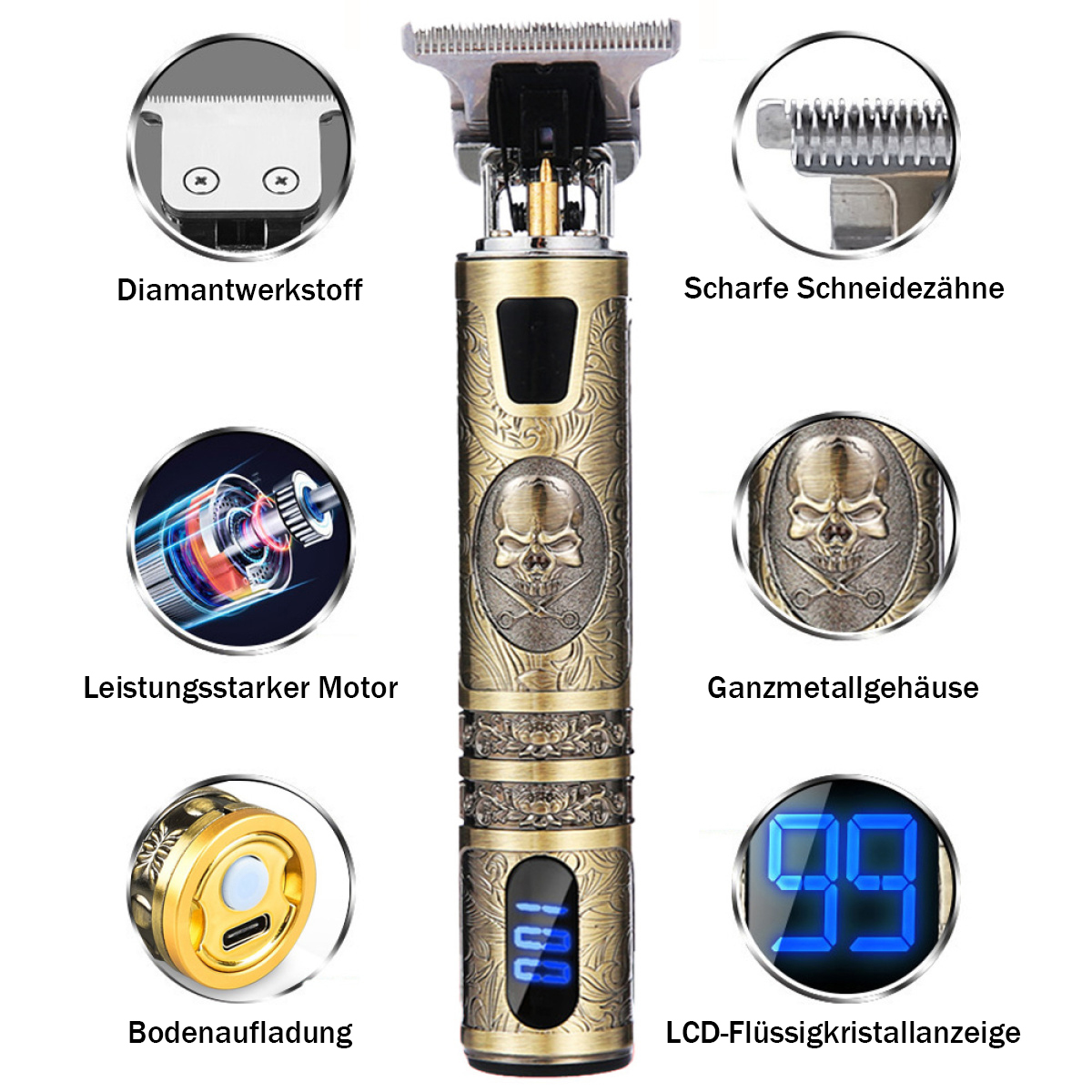 Detaillierte Ansicht eines goldenen und schwarzen Haarschneiders, mit verschiedenen Teilen beschriftet.
