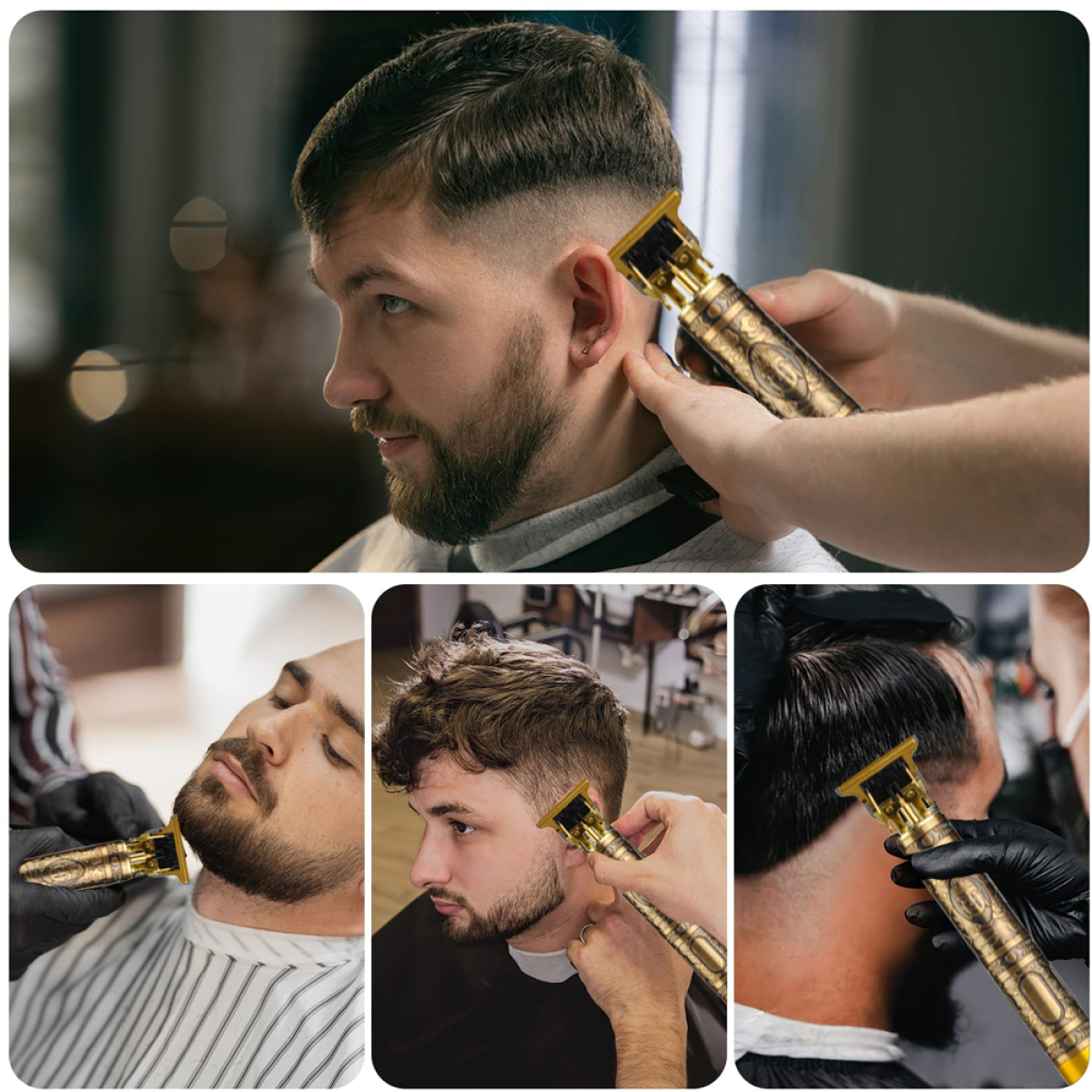 Eine Collage von Bildern, die einen Mann zeigen, der mit einem goldenen Haarschneider Haare schneidet und Bart trimmt.