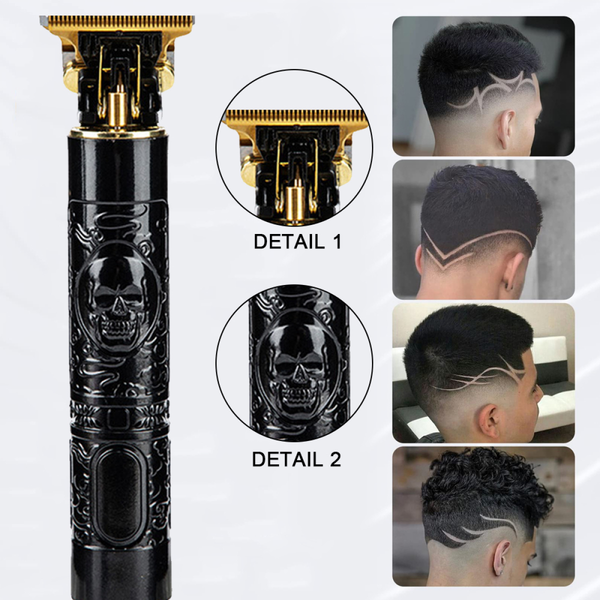 Schwarzer und goldener Haarschneider mit Totenkopfdetails und Haardesignbeispielen.