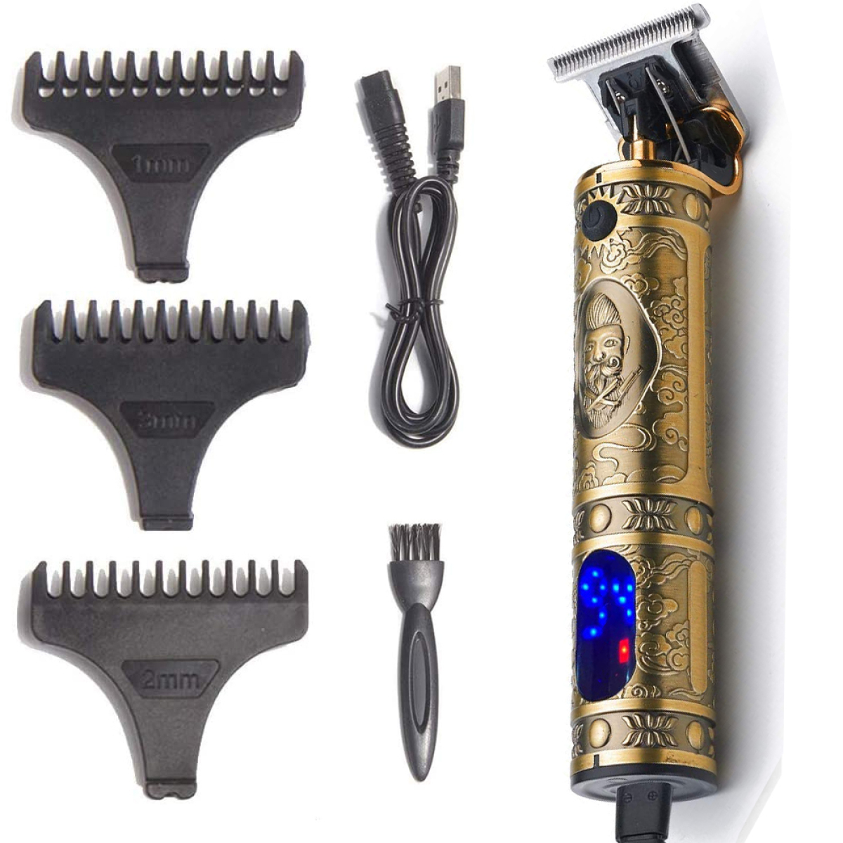 Ein goldener Haarschneider mit Zubehör: Kämme, eine Bürste und ein USB-Kabel.