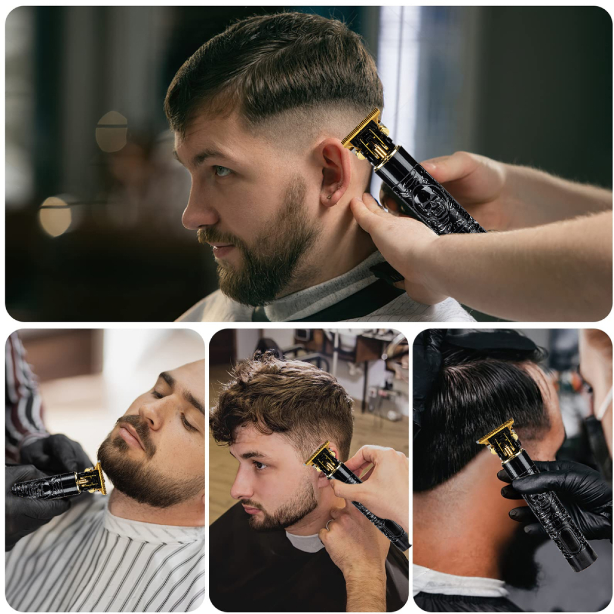 Mehrere Bilder, die zeigen, wie ein Mann mit einem Trimmer einen Haarschnitt und Bart schneiden lässt.