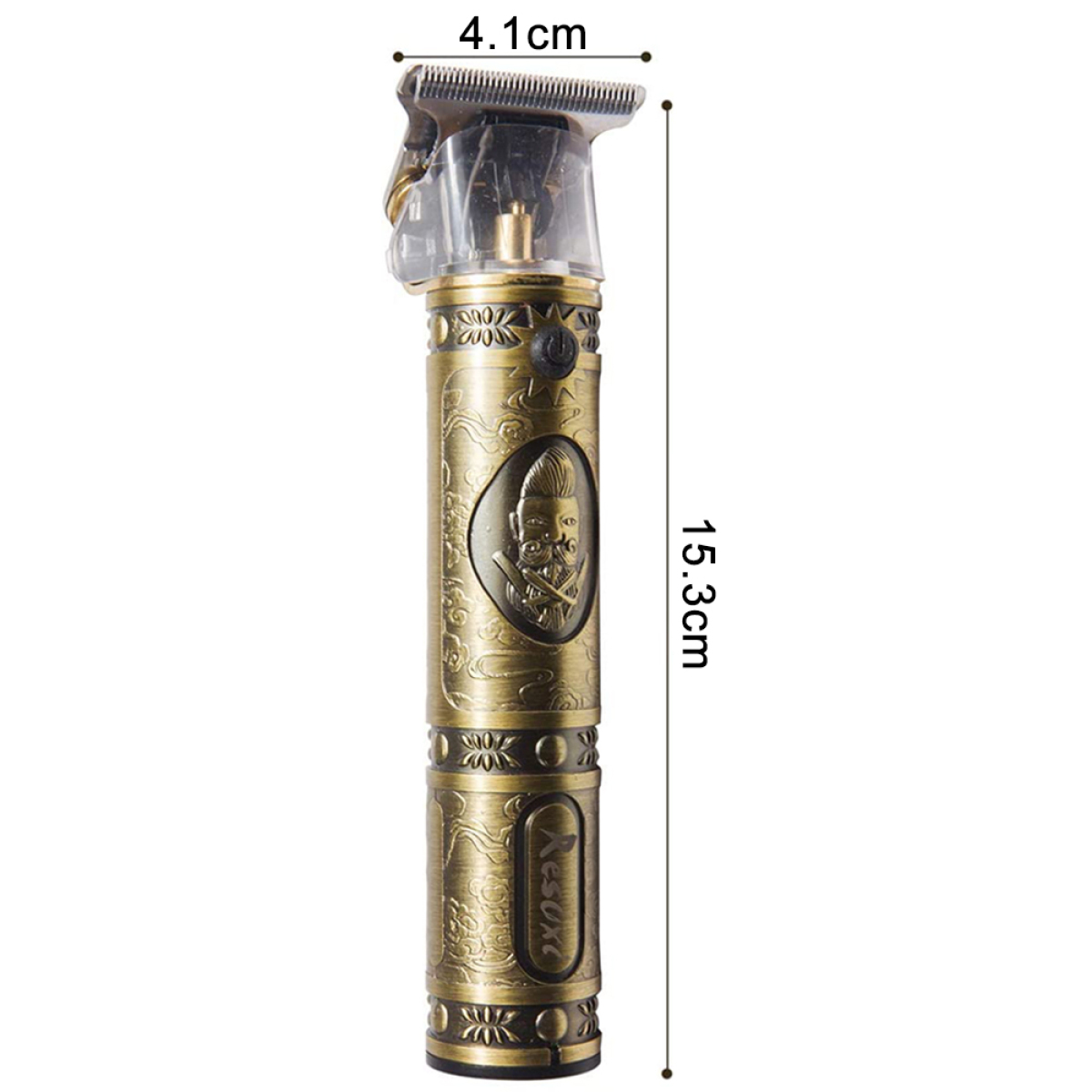 Goldfarbener Haarschneider mit den Maßen: 4,1 cm x 15,3 cm.