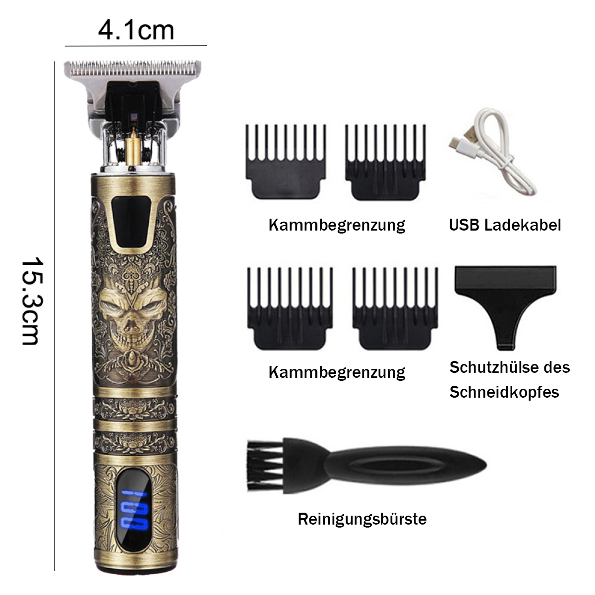 Goldfarbener Haarschneider mit Zubehör, beschriftet und gemessen bei 15,3 cm und 4,1 cm.