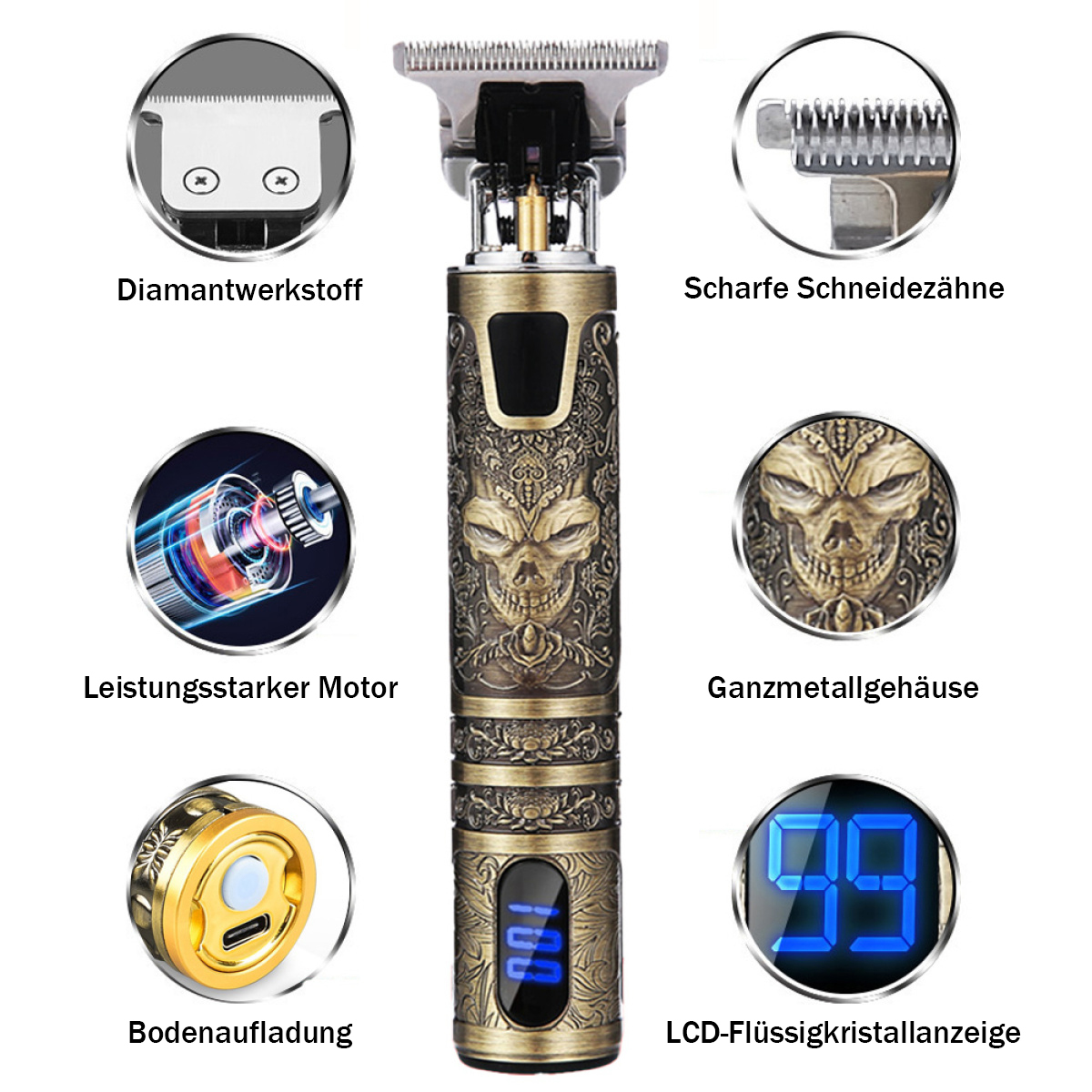 Ein gold- und bronzefarbener elektrischer Haarschneider mit Totenkopf-Design. Es hat mehrere Komponenten, die auf Deutsch beschriftet sind.