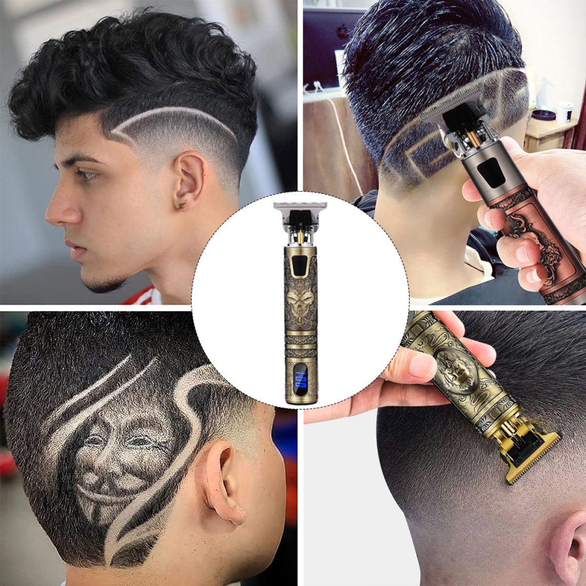 Nahaufnahme einer Person, der mit einem Trimmer die Haare geschnitten werden. Verschiedene Winkel.