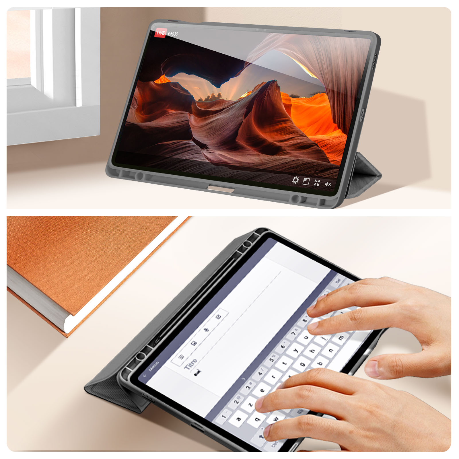Due immagini di un tablet; una mostra un paesaggio, l'altra una tastiera.
