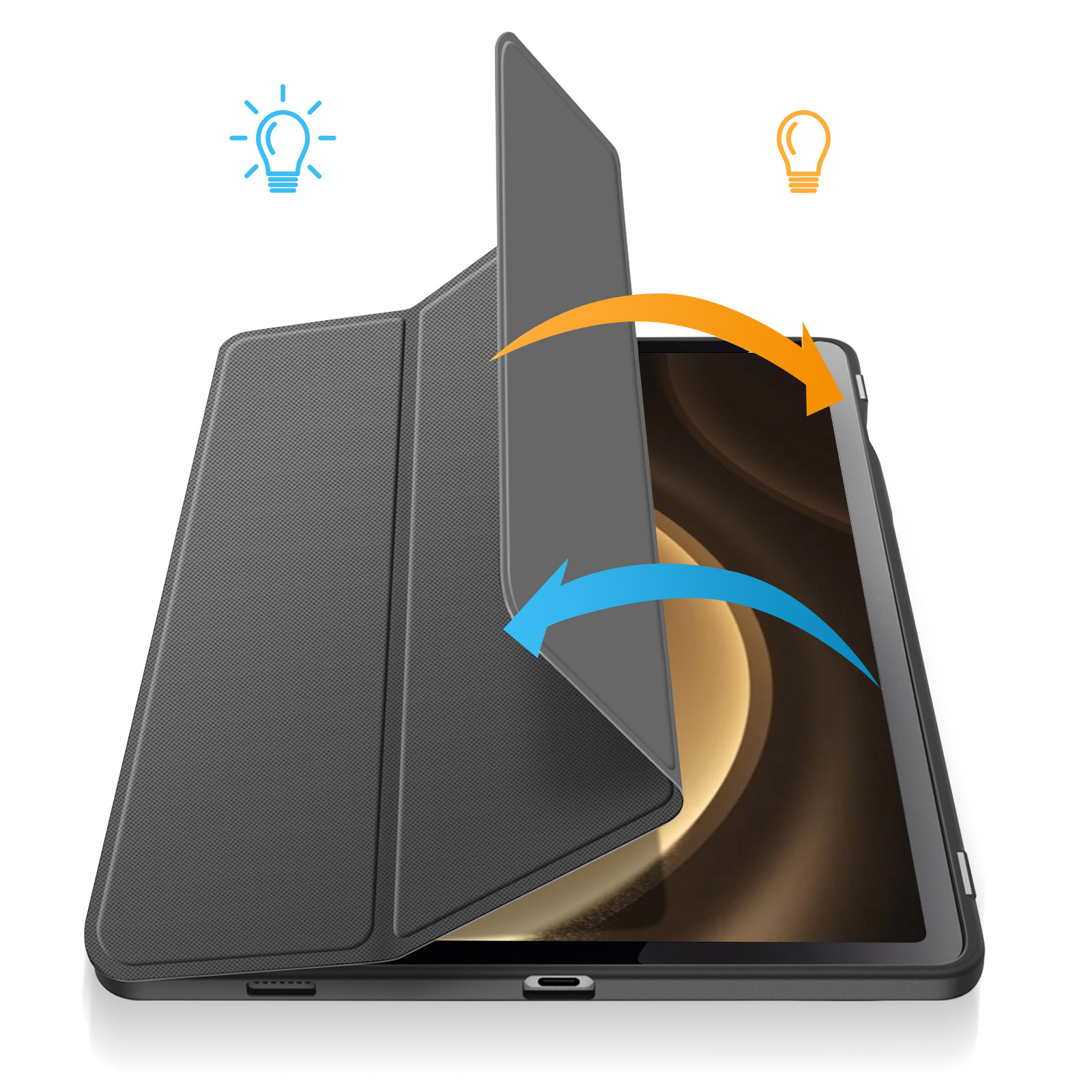 Un tablet con cover grigia è aperto. Frecce indicano l'apertura e la chiusura.