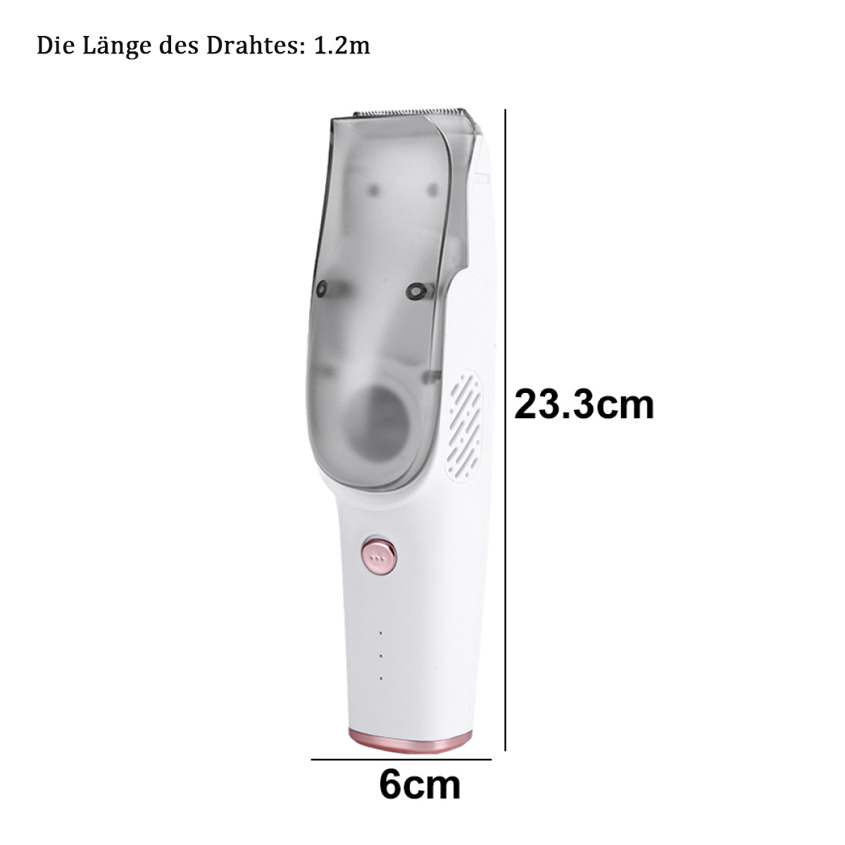 Weiß-rosa Haarschneider mit Messungen und Abmessungen.