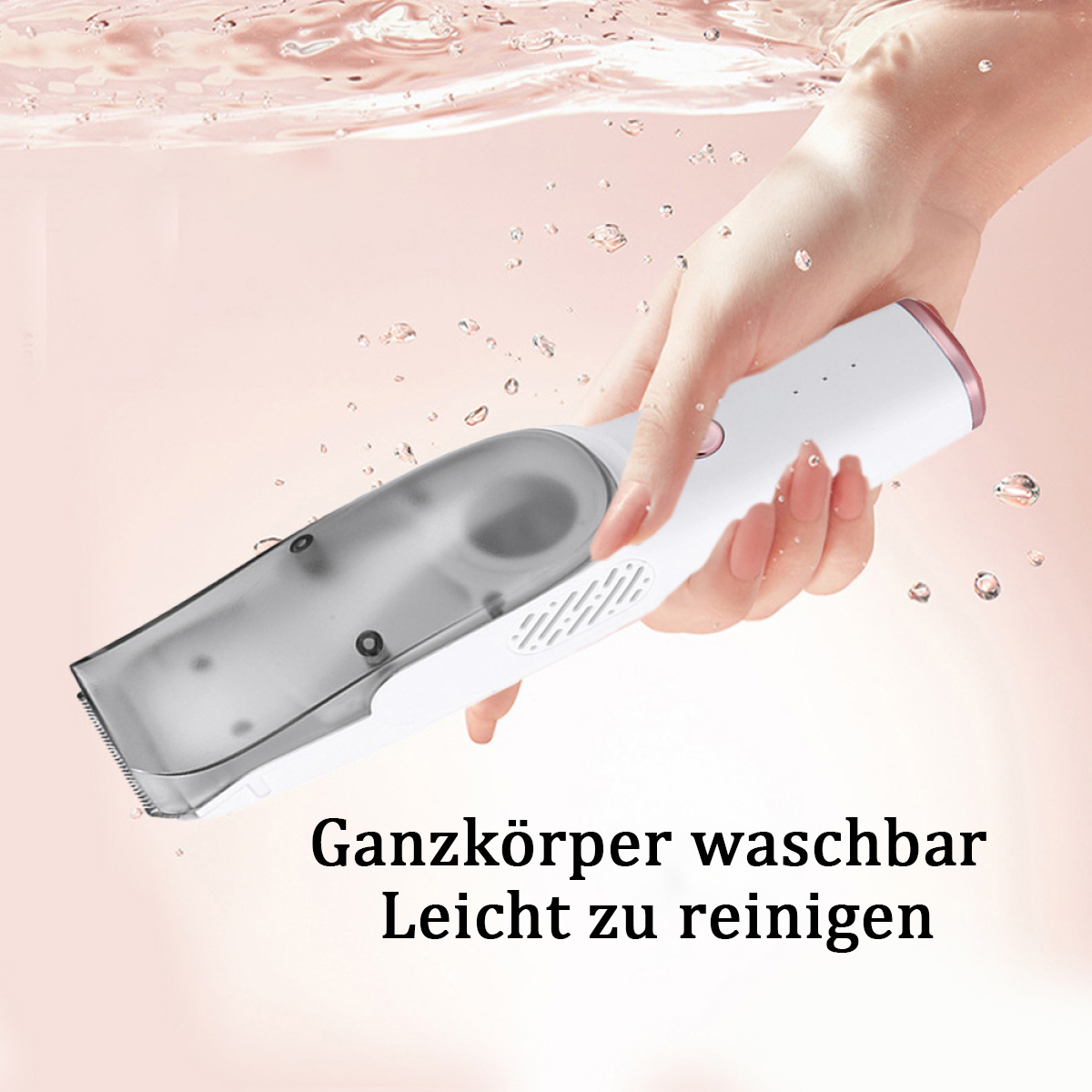 Hand hält weißen und grauen Trimmer in Wasser, mit Text über Waschbarkeit.