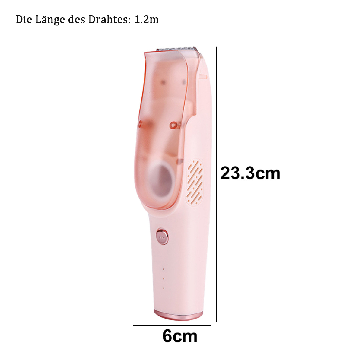 Ein pinkfarbener Haarschneider mit Abmessungen von 23,3 cm Länge und 6 cm Breite.