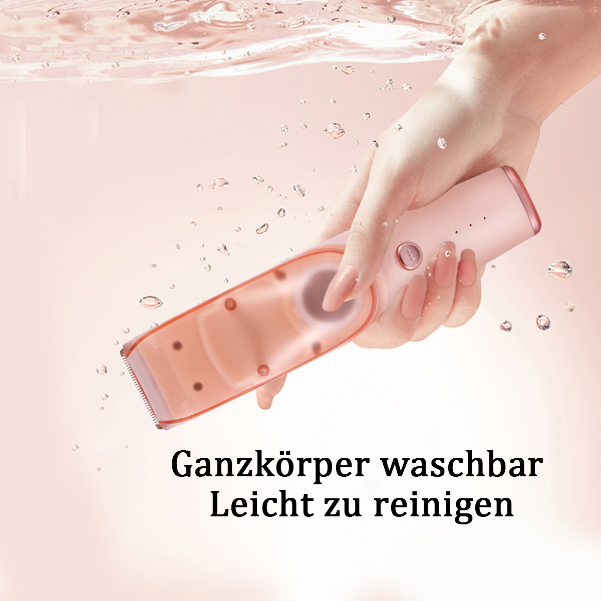 Die Hand einer Frau hält einen rosa Elektrorasierer unter Wasser. Textüberlagerung.