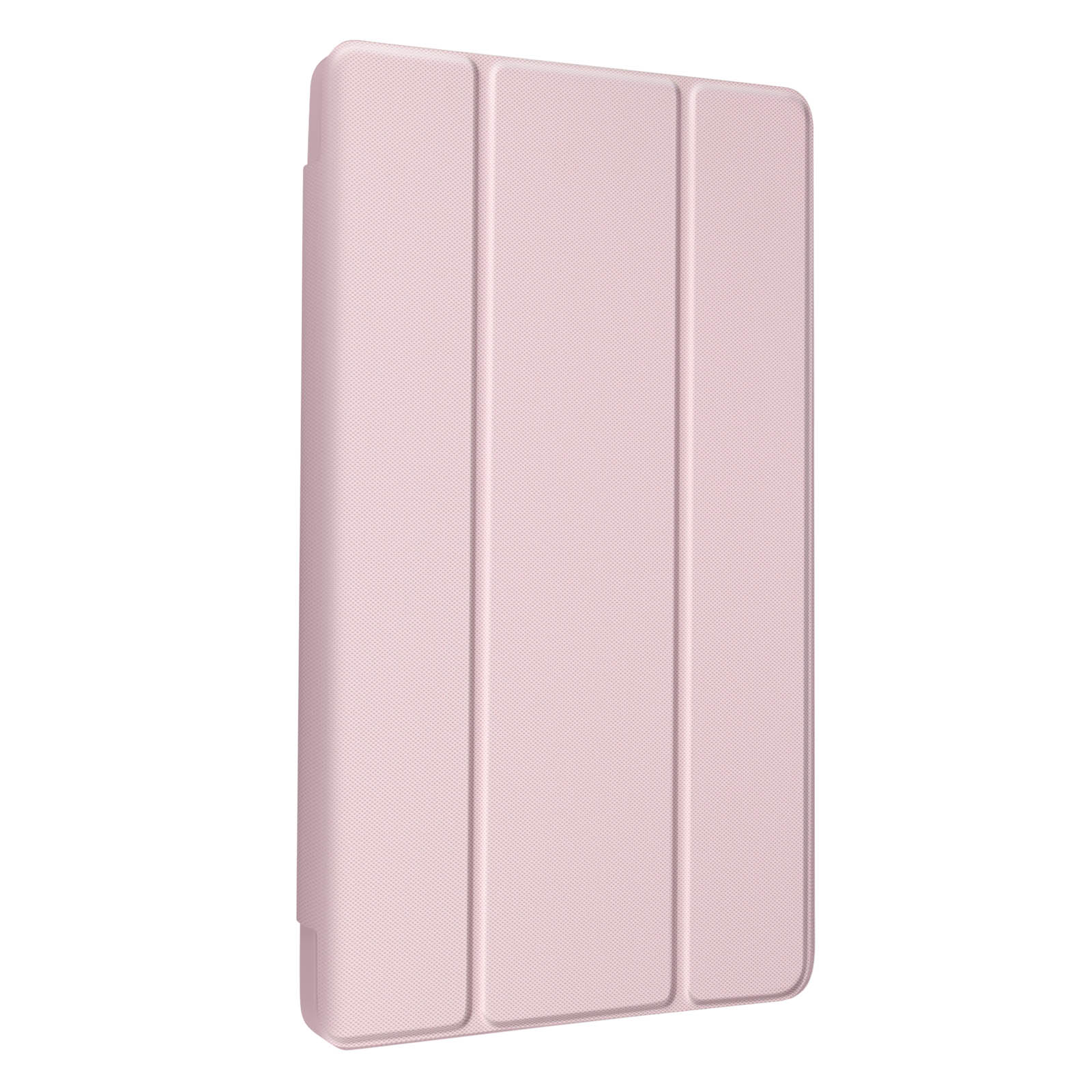 Una custodia rosa per tablet con tre pannelli, chiusa.