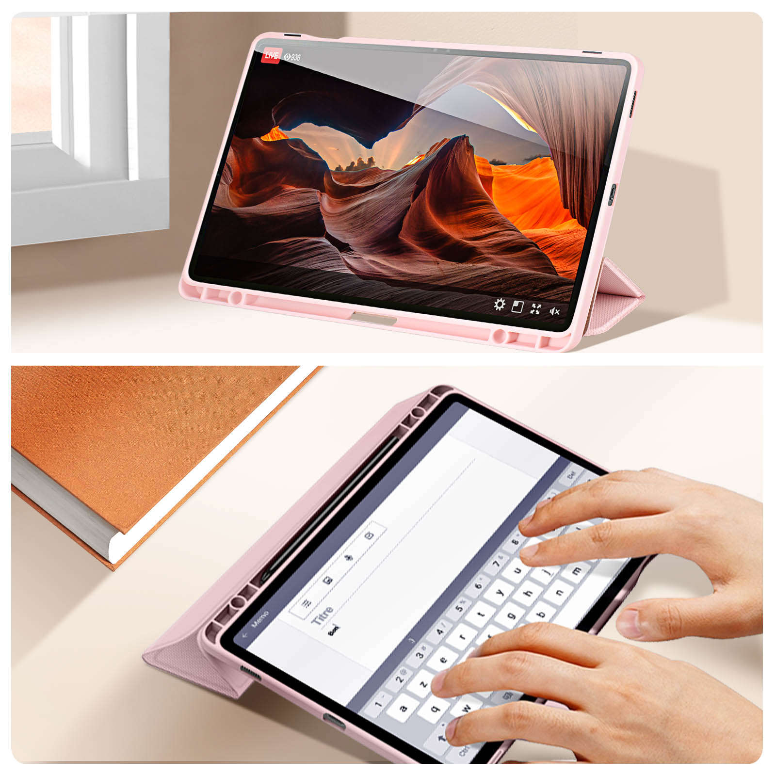 Due immagini di una custodia rosa per tablet. Una mostra un video in diretta, l'altra, la tastiera.