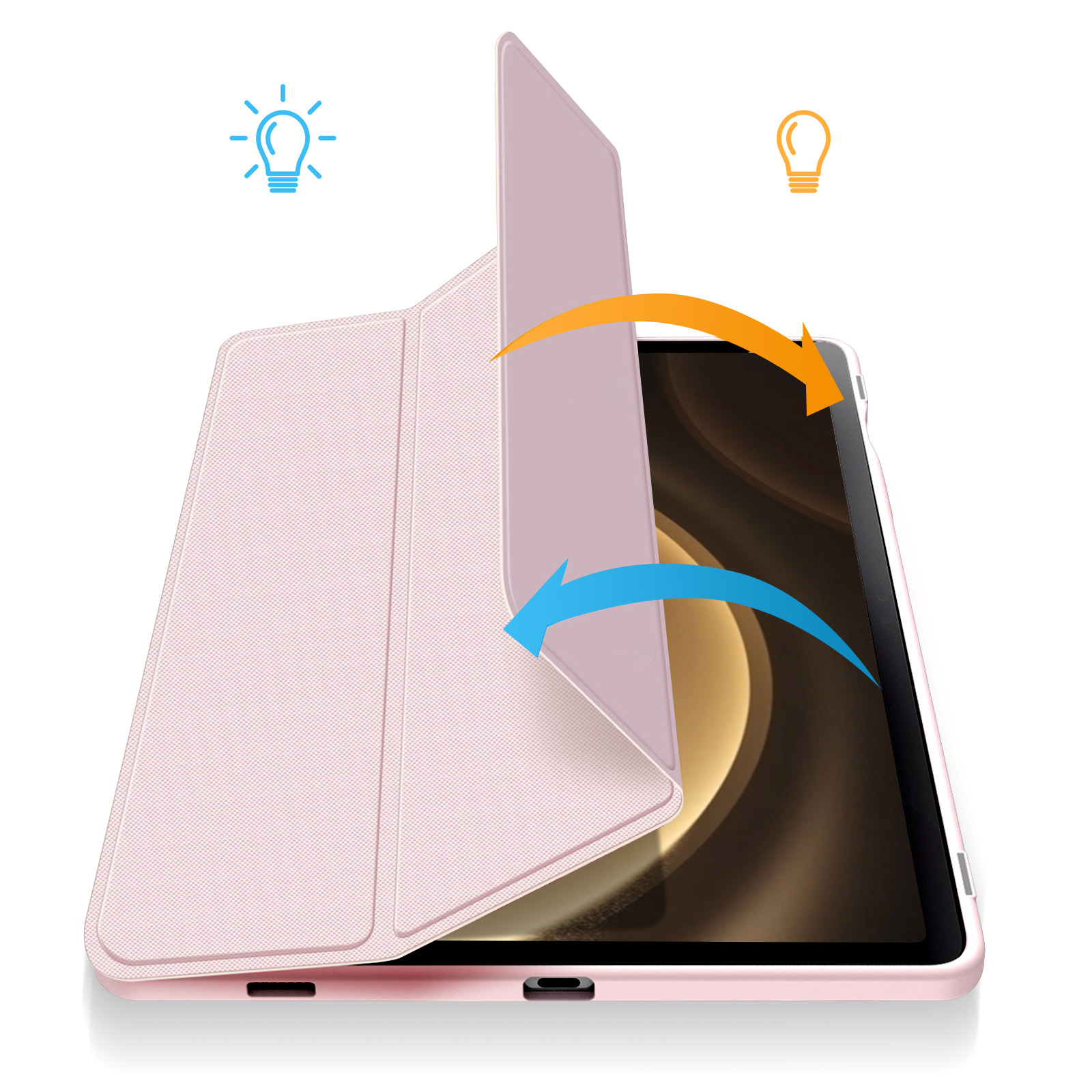 Una custodia per tablet rosa, aperta, con una freccia che mostra come si apre e si chiude.