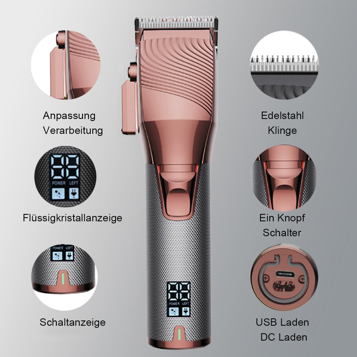 Nahaufnahme eines roségoldenen und silbernen Haarschneiders. Textfelder beschreiben Funktionen.