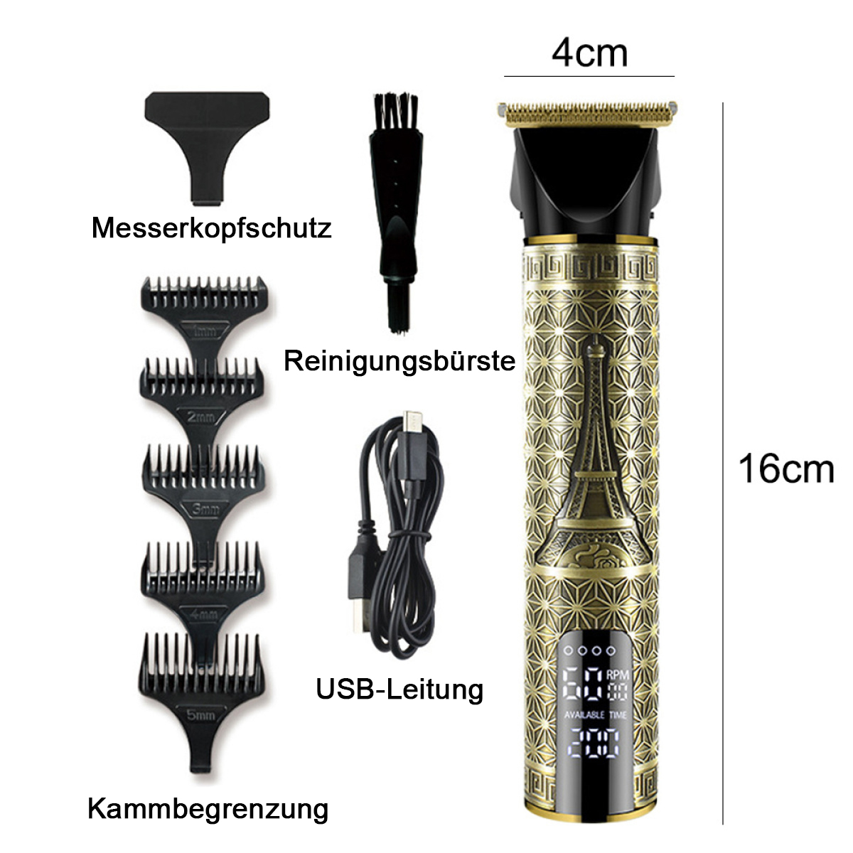 Detaillierte Ansicht eines Trimmers mit Zubehör und Abmessungen.