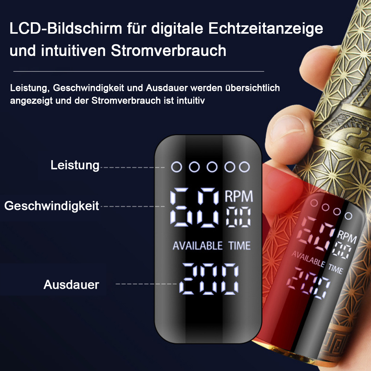 Digitalanzeige mit Geschwindigkeit, RPM und verfügbarer Zeit auf einem Gerät, mit dekorativen Elementen.