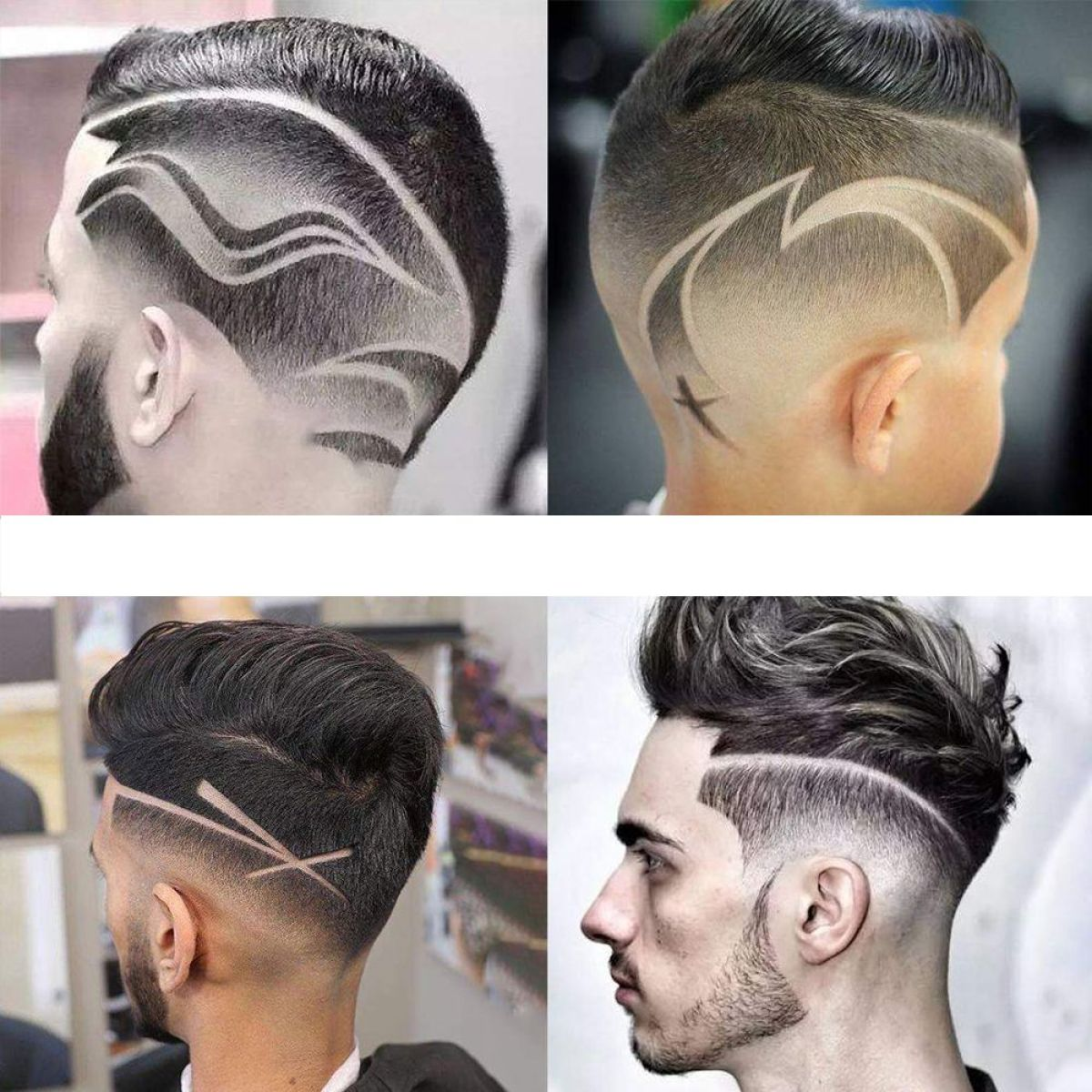 Vier Herrenfrisuren mit unterschiedlichen Designmustern, alle mit rasierten Seiten und gemustertem Haar.