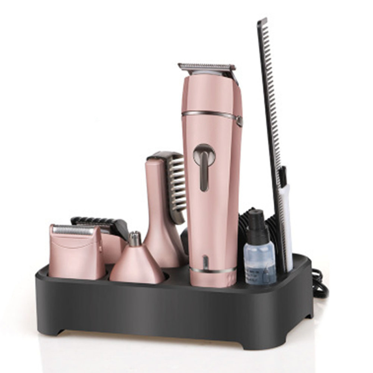 Set rosa Pflege-Werkzeuge in einem schwarzen Organizer. Enthält Trimmer, Bürste und Kamm.