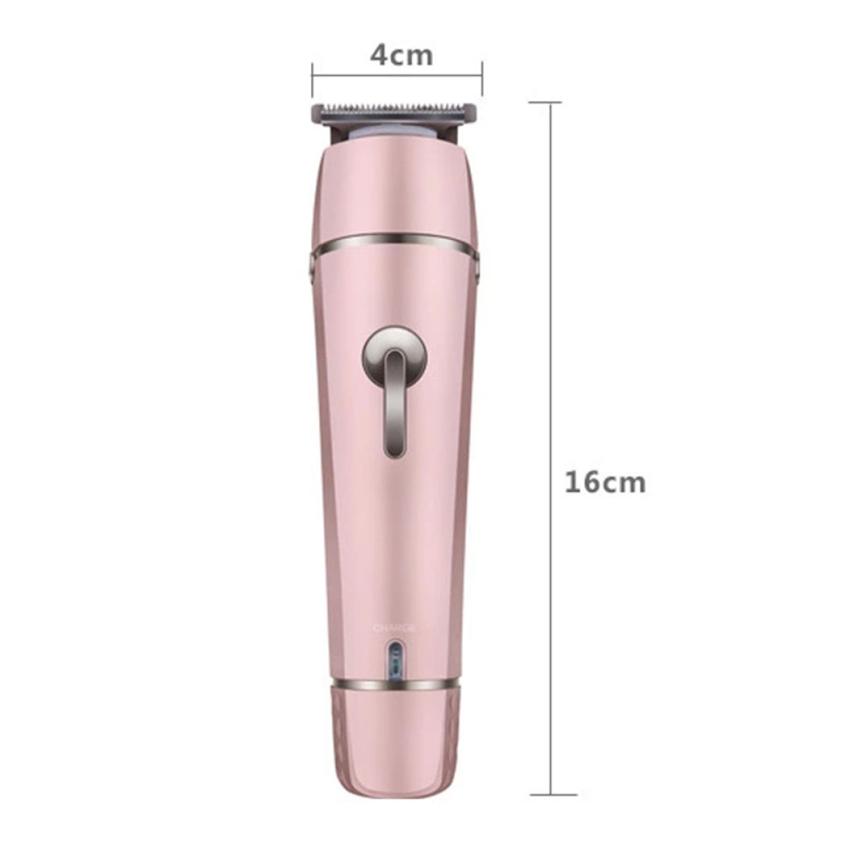 Ein pinkfarbener Haarschneider mit Messungen. Er ist 16 cm lang und 4 cm breit an der Klinge.