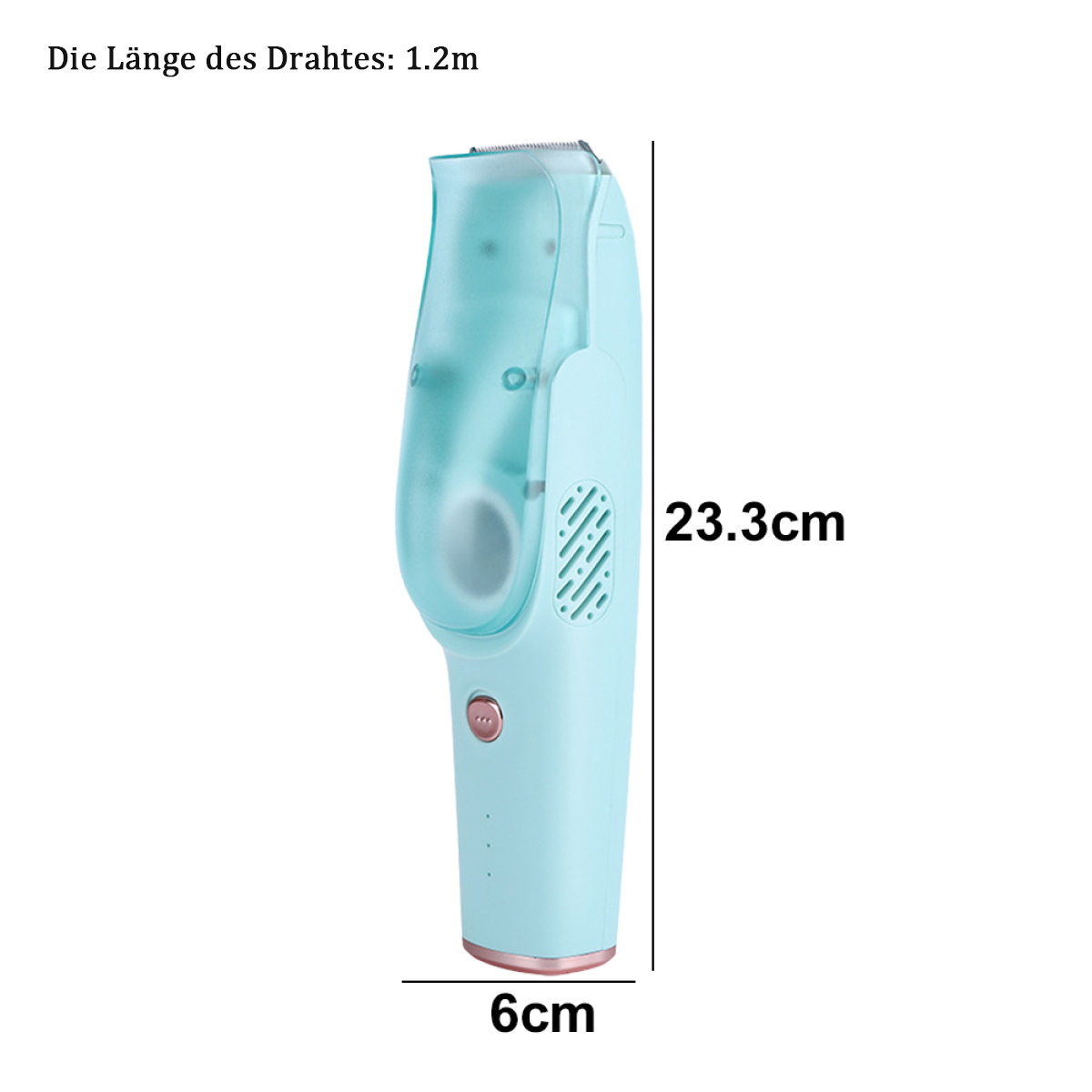 Ein blau-hellblauer elektrischer Trimmer. Abmessungen: 23,3 cm x 6 cm. Kabellänge: 1,2 m.