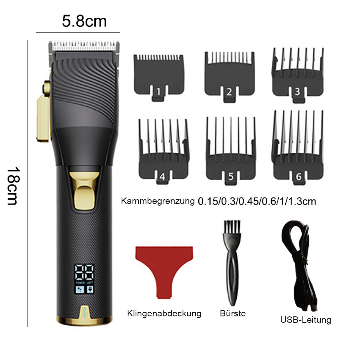 Schwarzer und goldener Haarschneider mit Aufsätzen und anderem Zubehör. Weißer Hintergrund.