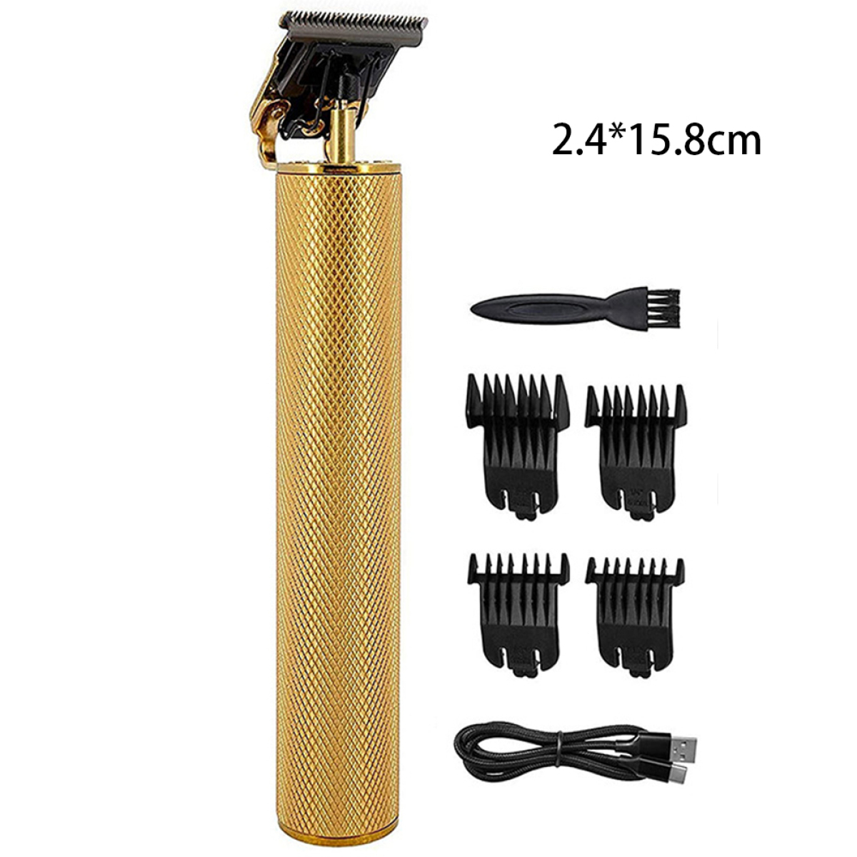 Ein goldfarbener Haarschneider mit Klingen, einer Reinigungsbürste und mehreren Kammaufsätzen.