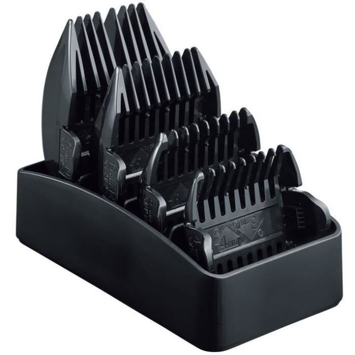 Black trimmer attachment set. Various comb attachments for different hair lengths.