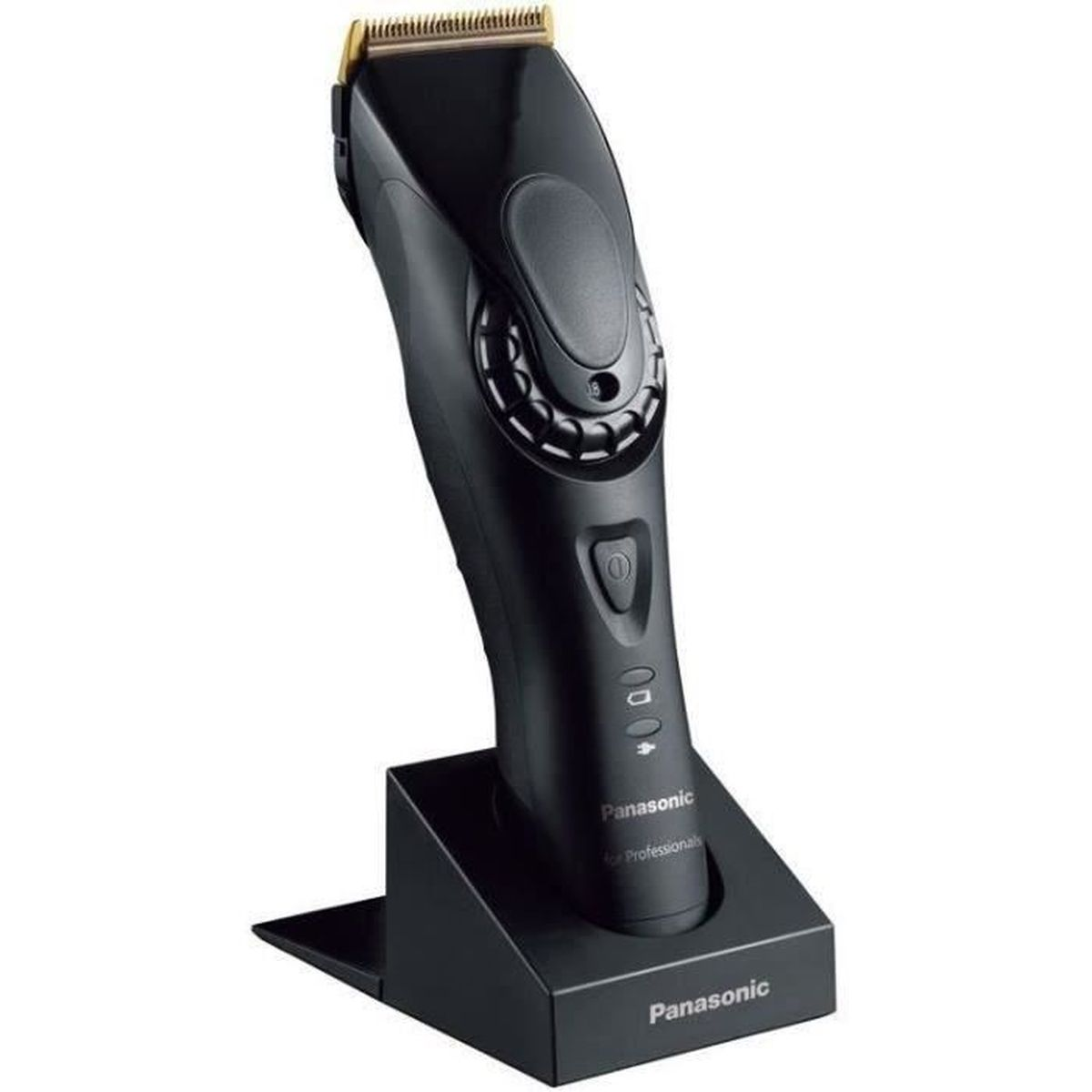 A black hair clipper with a charging base. The clipper is resting on the base. Panasonic branding.