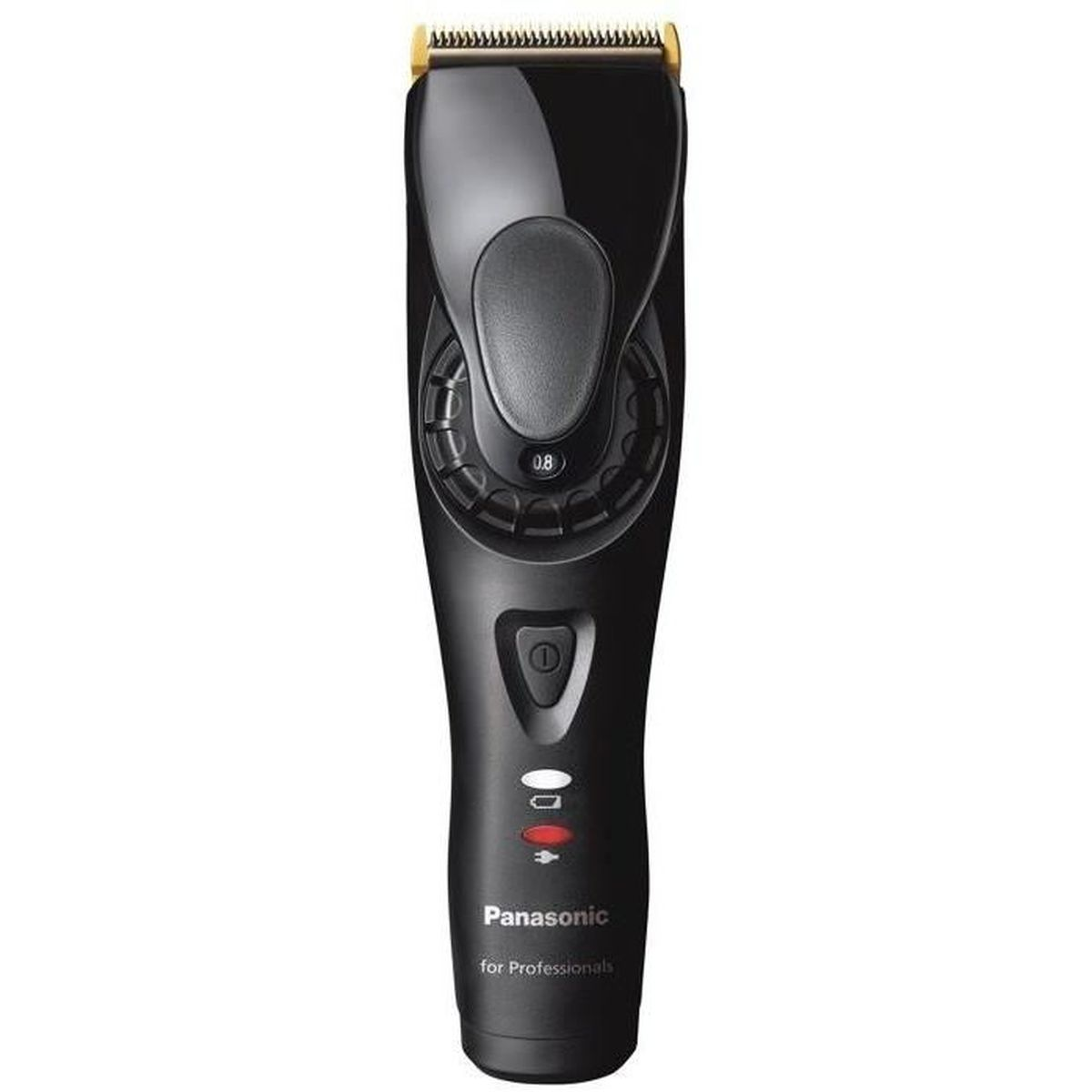 Black Panasonic hair clipper, with control dial and power buttons.