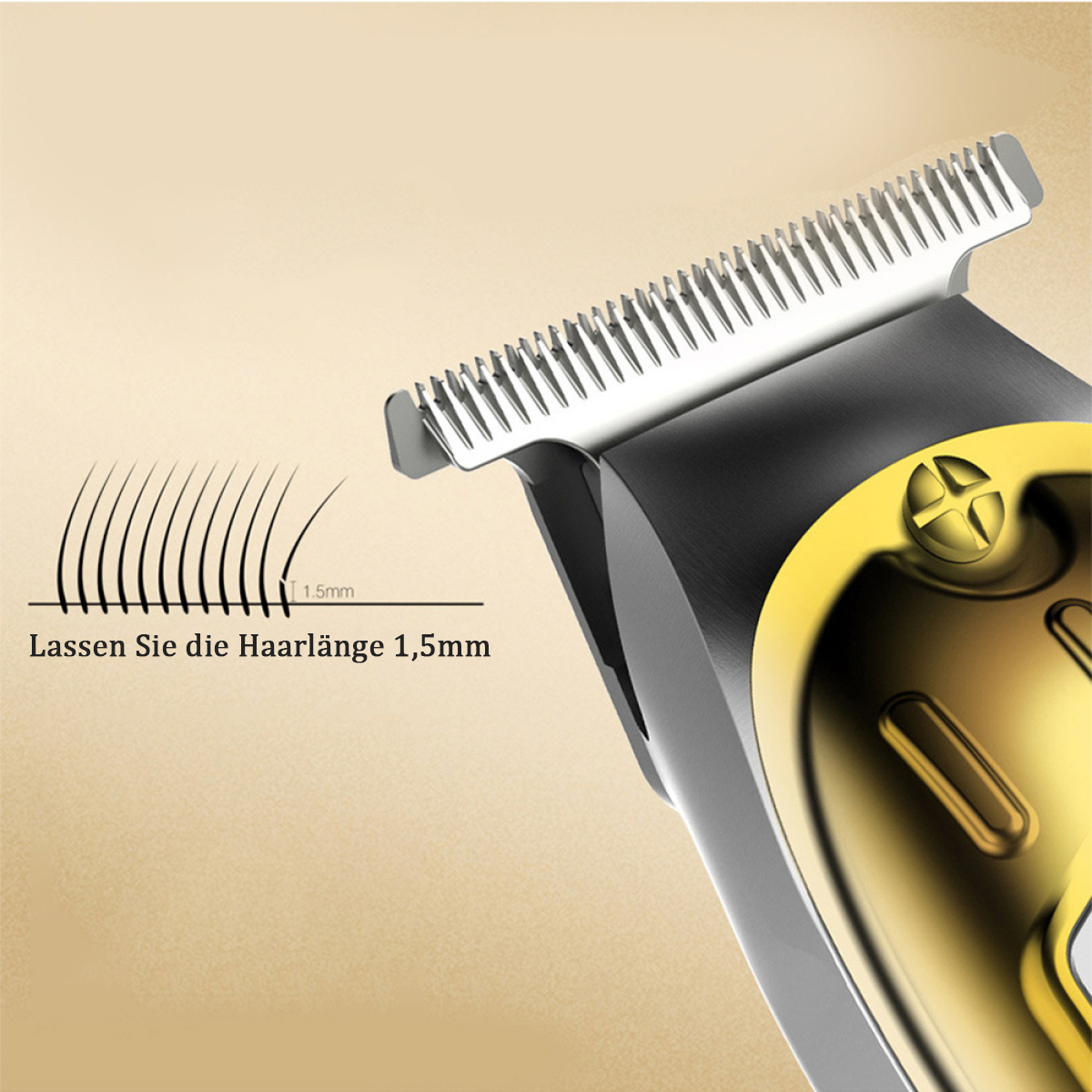 Nahaufnahme eines gold-schwarzen Haarschneiders mit Text zur Haarlänge.