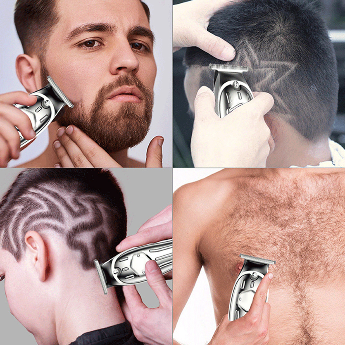 Bilder, die einen Mann zeigen, der seinen Bart rasiert und Haardesigns mit einem silbernen Trimmer erstellt.
