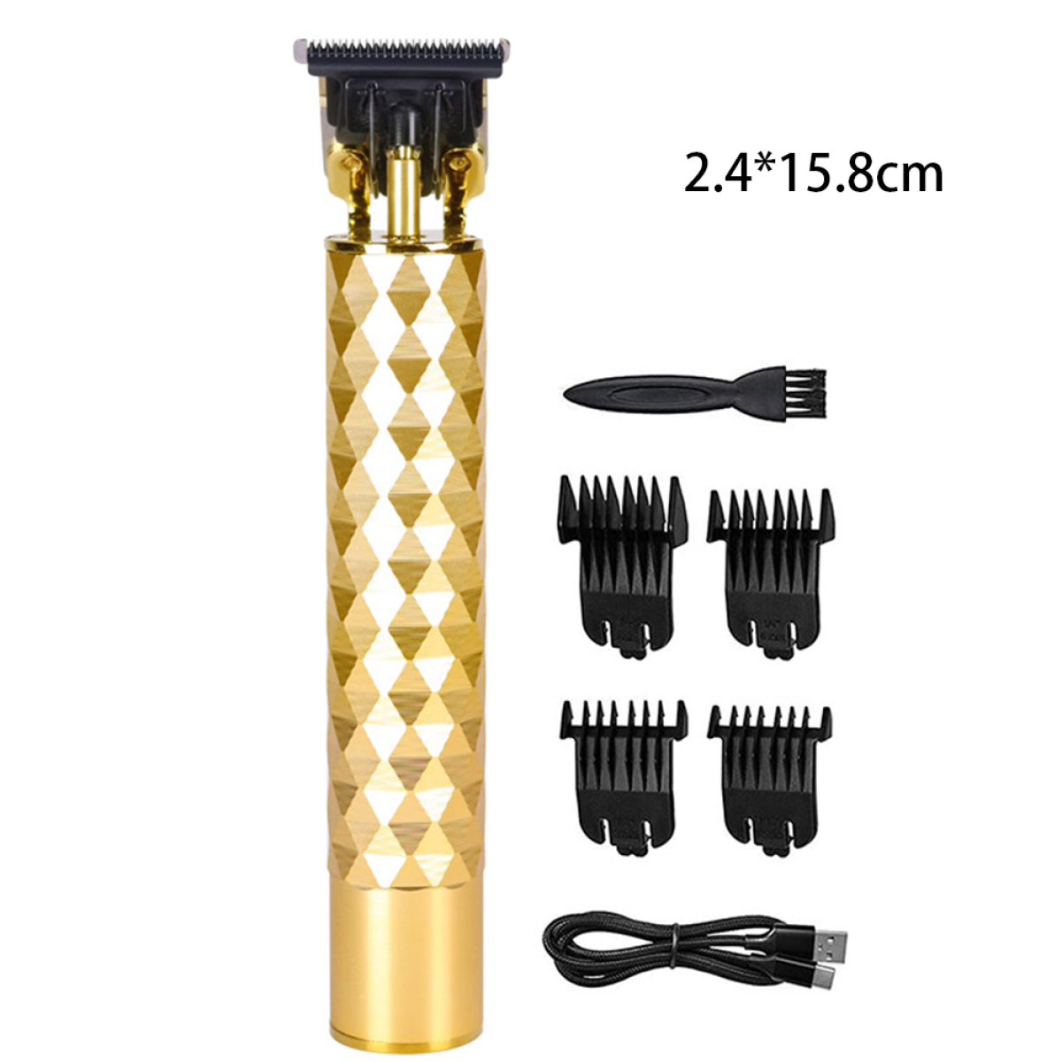 Ein goldfarbener Haarschneider mit Diamantenmuster, Zubehör und einem Ladekabel.