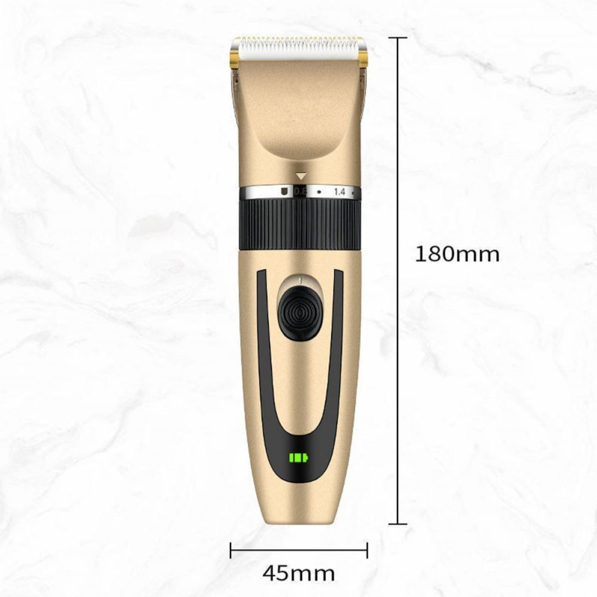 Ein goldener Haarschneider, der Abmessungen (180 mm Höhe, 45 mm Breite) und eine Batteriestandsanzeige zeigt.