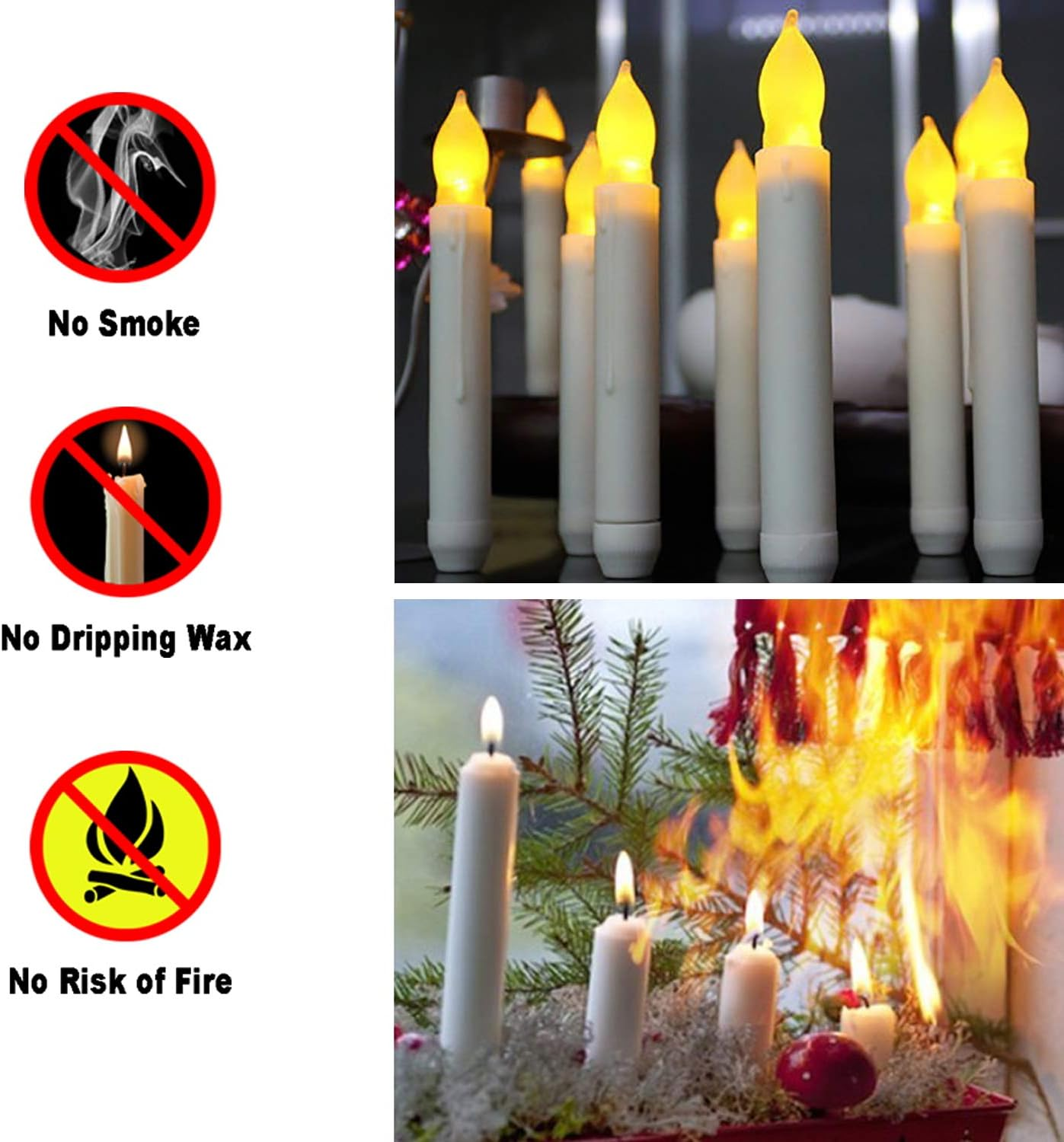 Kerzen ohne Rauch, ohne tropfendes Wachs und ohne Brandgefahr. Sicherheitssymbole.
