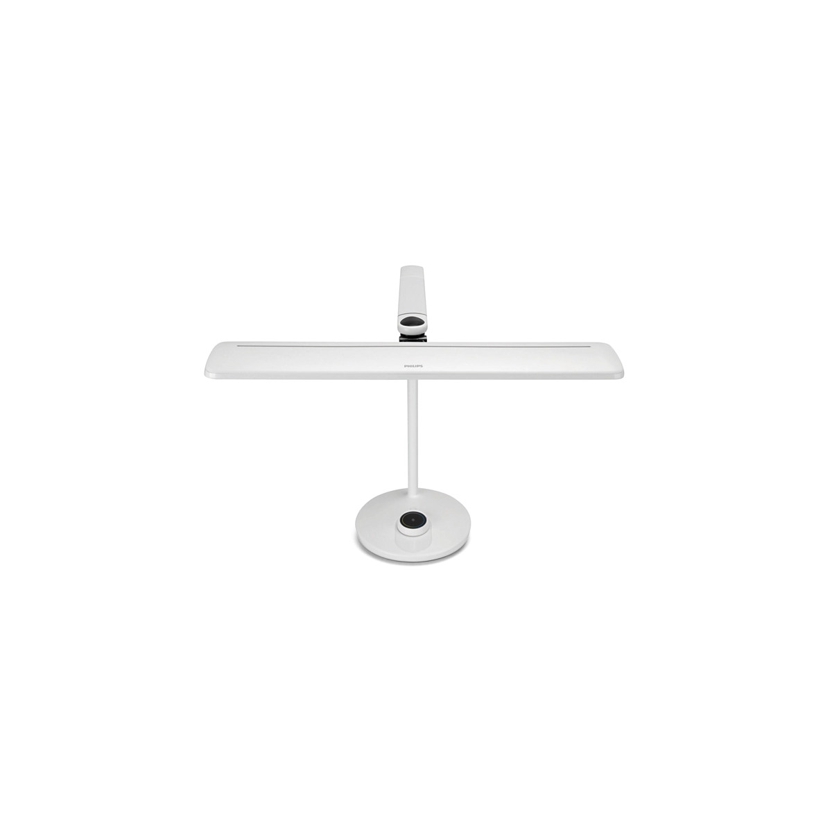 Lampada da scrivania bianca su sfondo bianco. Design semplice e pulito.