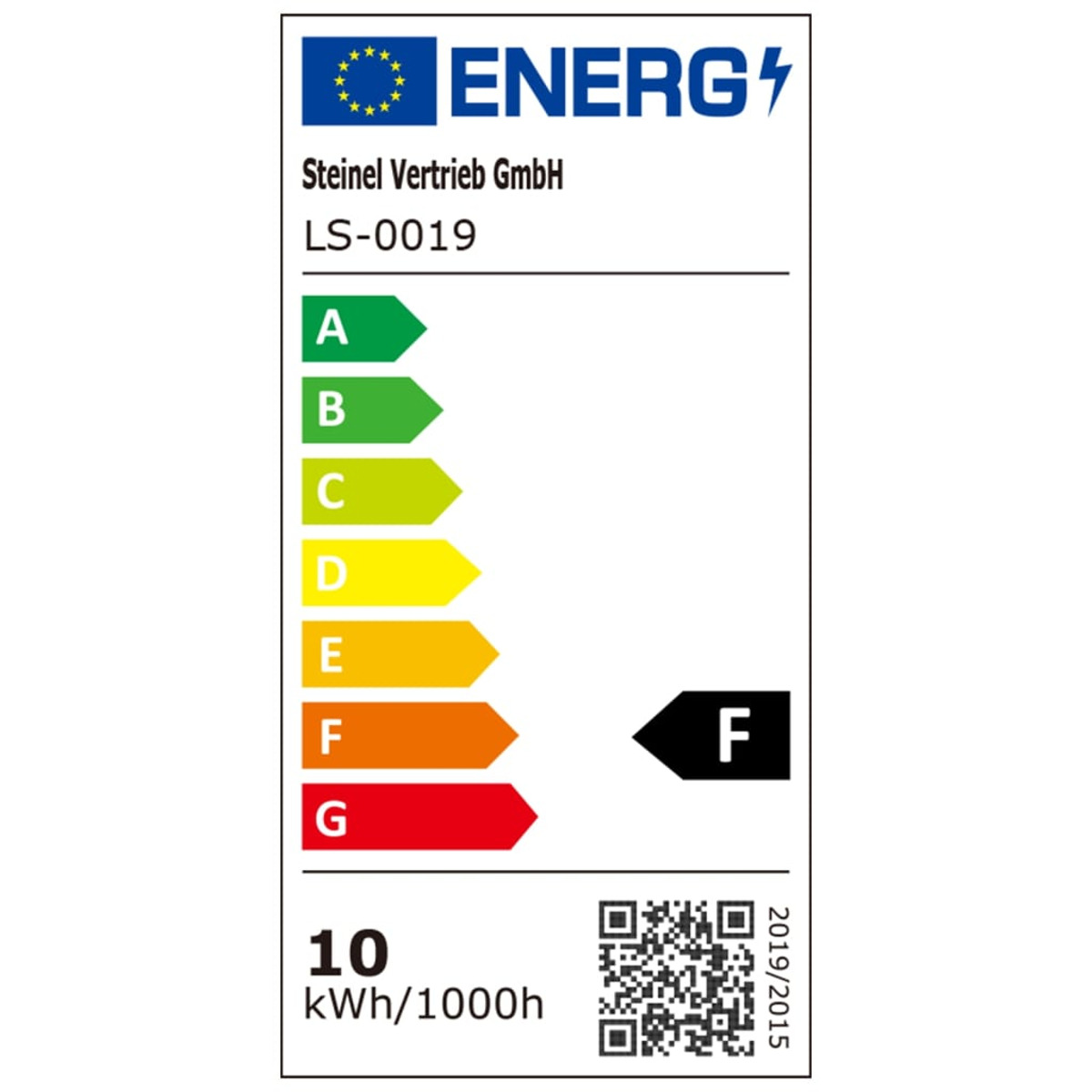 Energieeffizienz-Label, zeigt die Bewertung „F“ mit Informationen zum kWh-Verbrauch.