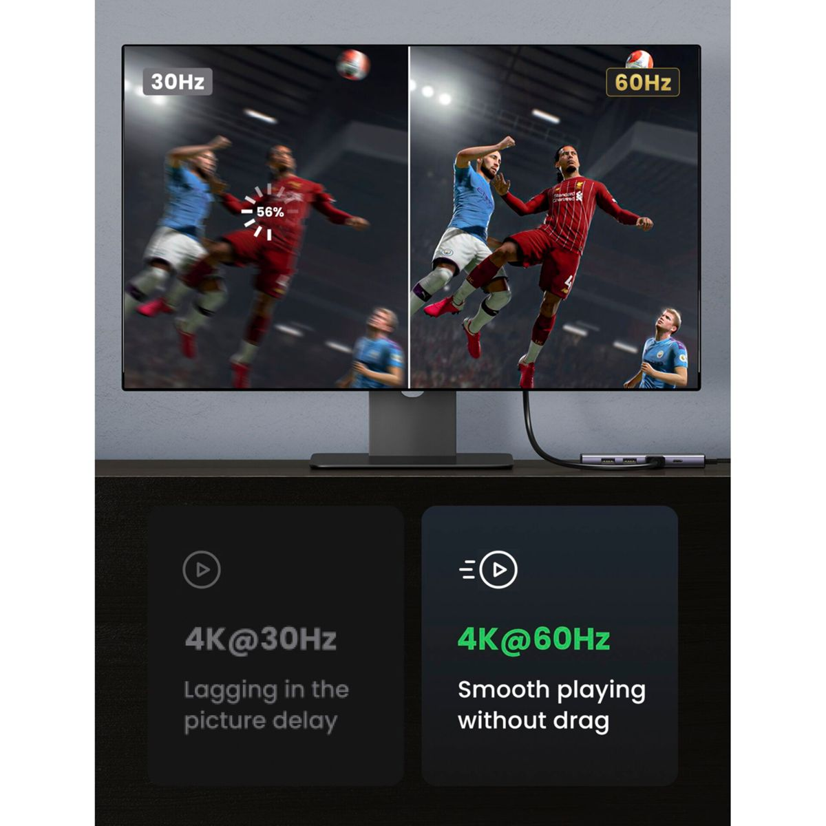 Monitor wyświetlający mecz piłki nożnej. Pokazuje 30 Hz i 60 Hz, aby porównać wydajność.