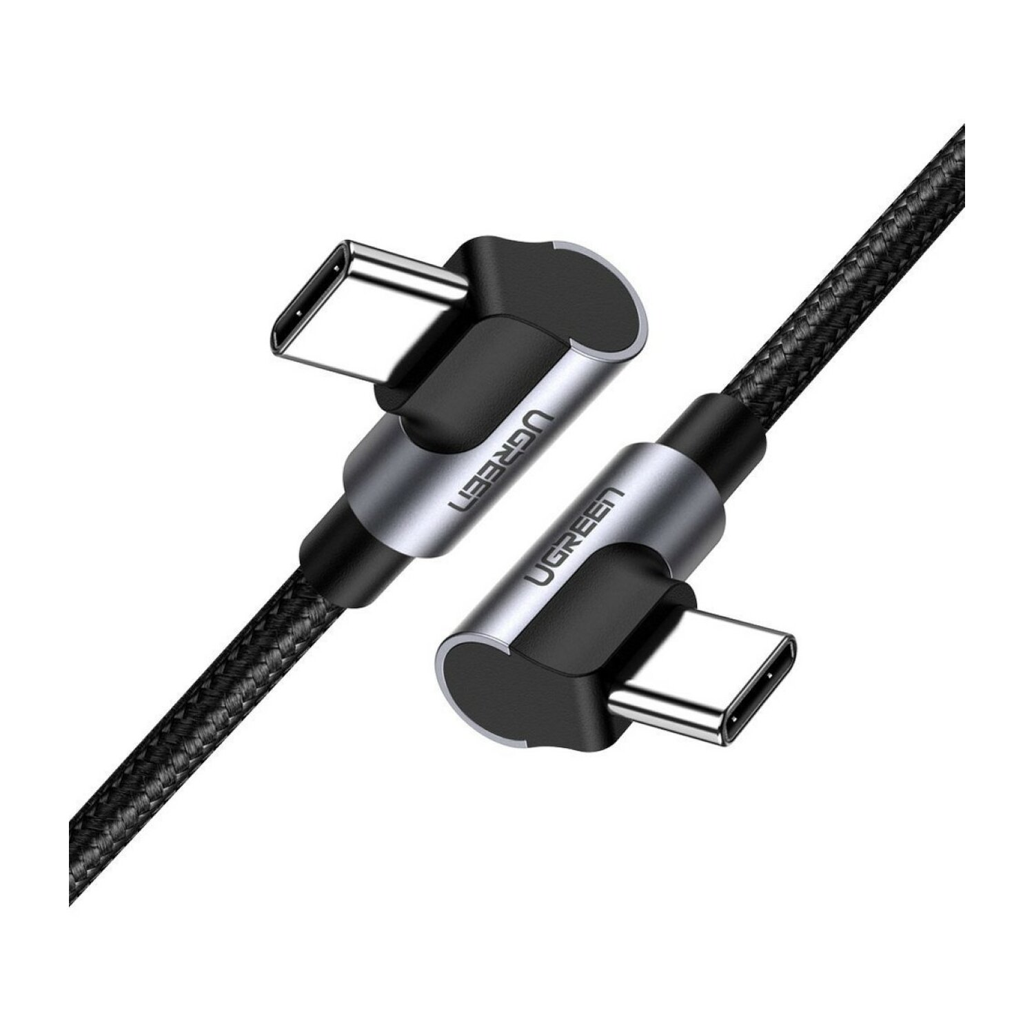 Dwa kątowe kable USB-C. Są czarne ze srebrnymi złączami. Marka UGREEN jest widoczna na złączach.
