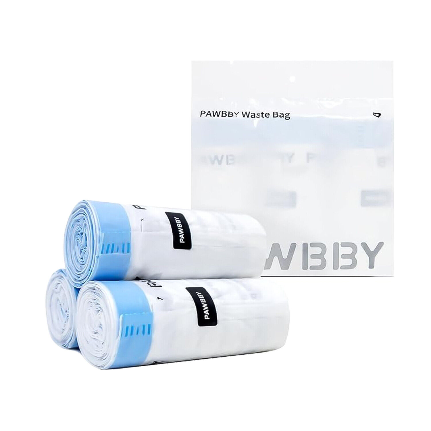 Drei Rollen weiße Müllbeutel mit blauen Rändern und eine weiße Tüte mit Text.