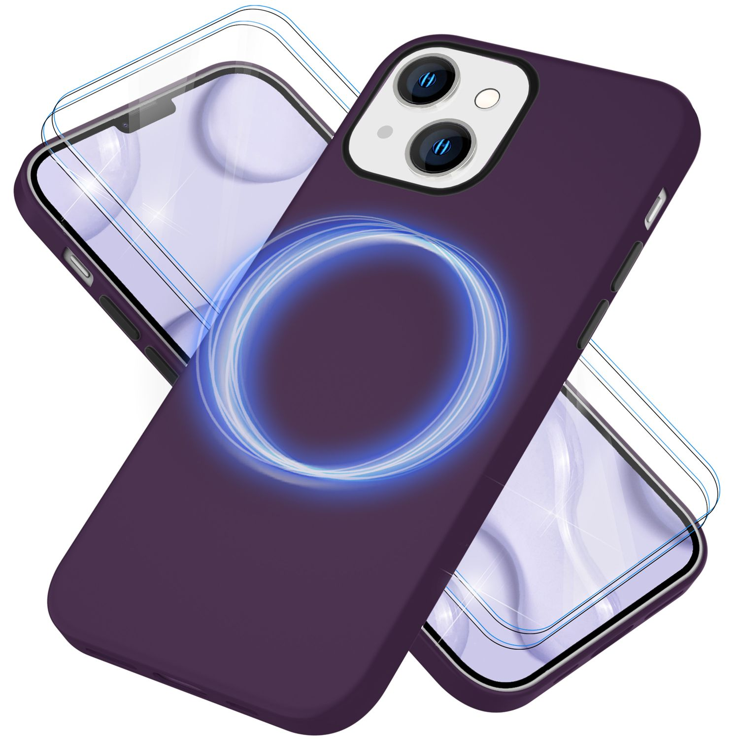 Eine lilafarbene Handyhülle mit einem leuchtenden blauen Kreis und Displayschutzfolien. Die Hülle scheint für ein iPhone zu sein.