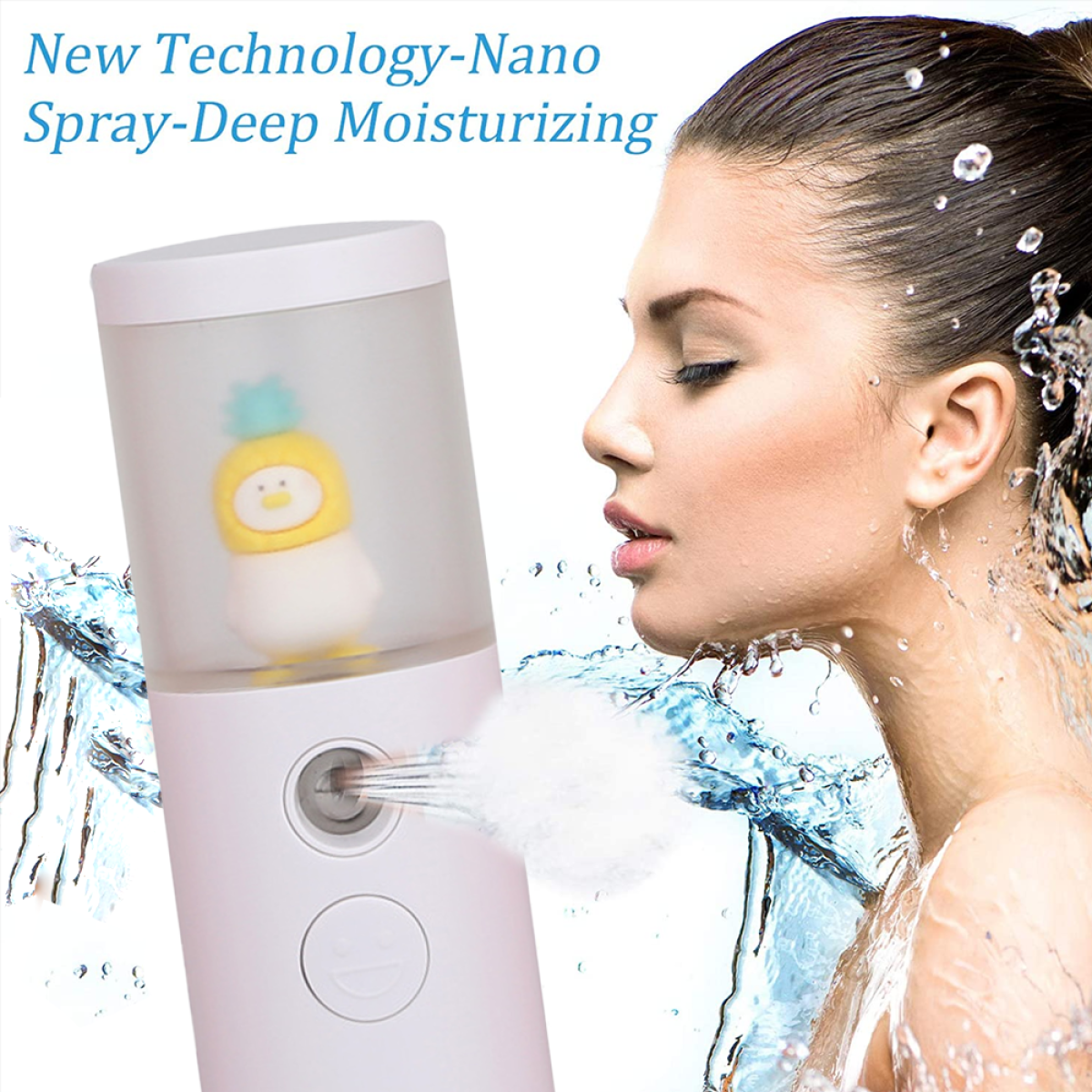 Frau mit Gesichtsbedampfer, weißes Gerät. Text: Neue Technologie-Nano Spray-Tiefenfeuchtigkeit.