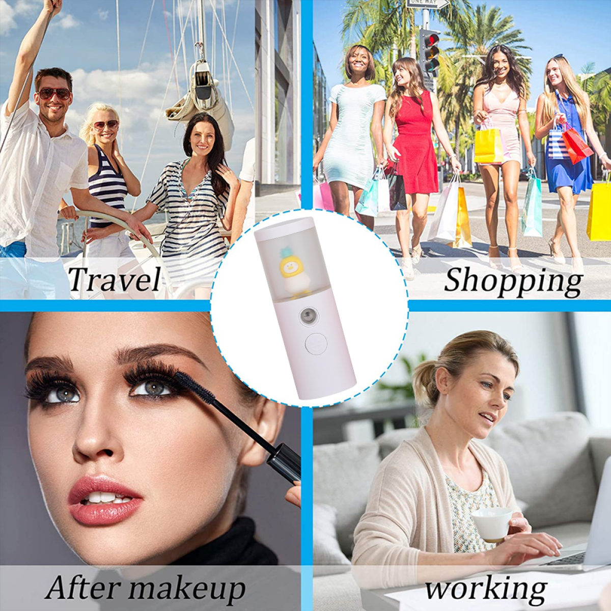 Vier Bilder, die Reisen, Einkaufen, Schminken und Arbeiten zeigen, alle mit einem Produkt.